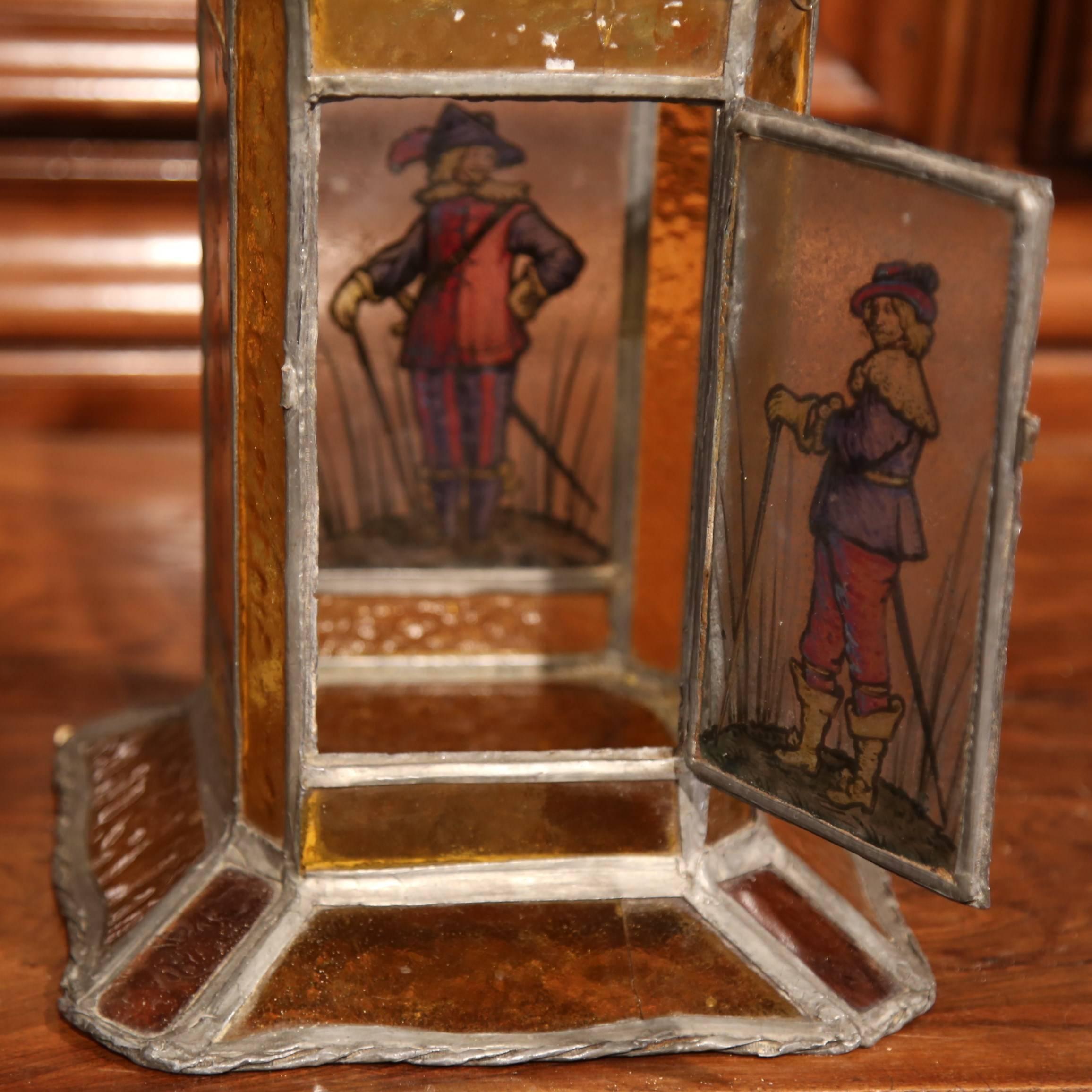 Hand-Crafted 19th Century French Stain Glass Lantern with Four Hand-Painted Musketeers