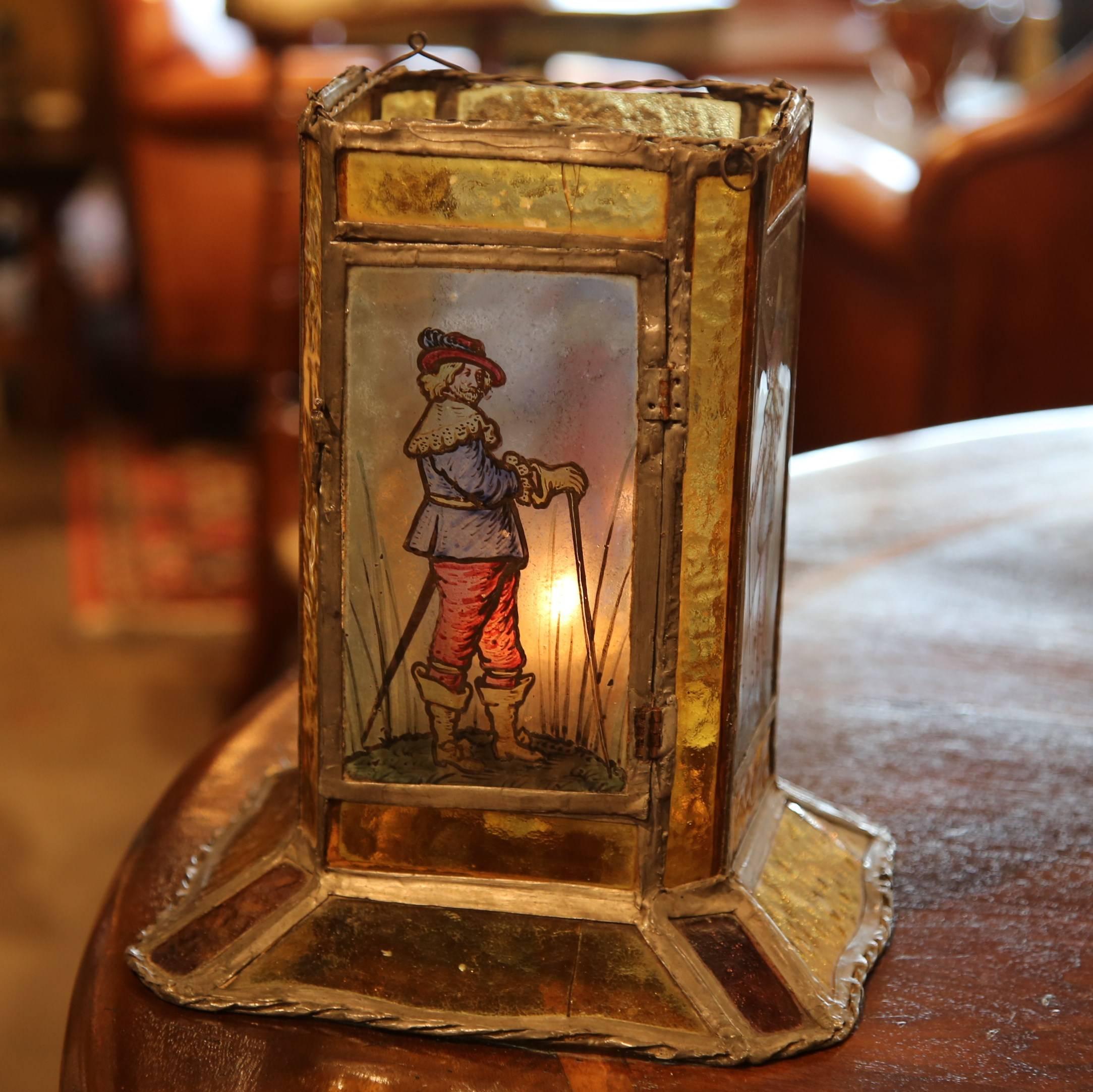 Metal 19th Century French Stain Glass Lantern with Four Hand-Painted Musketeers