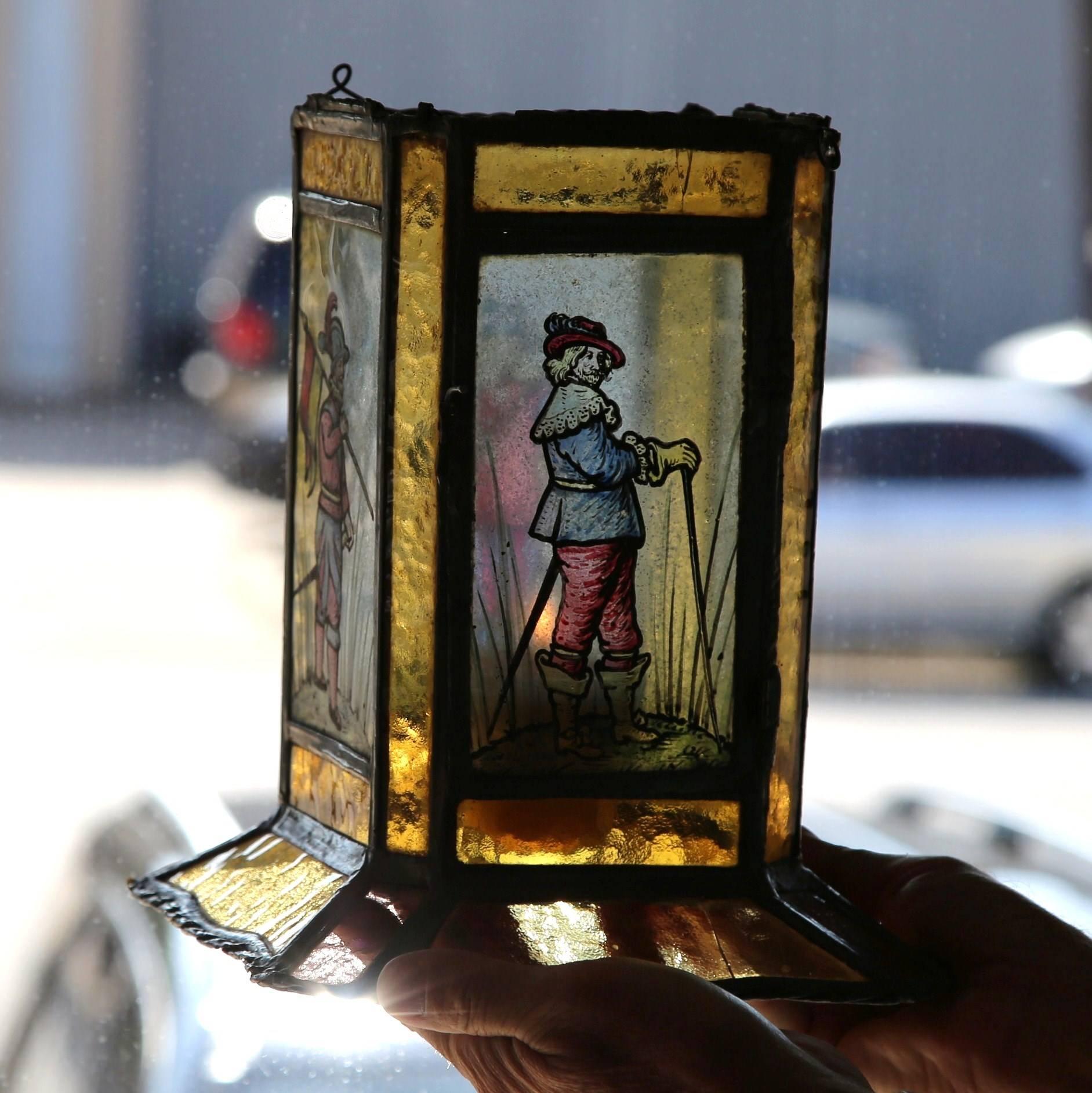 19th Century French Stain Glass Lantern with Four Hand-Painted Musketeers 1