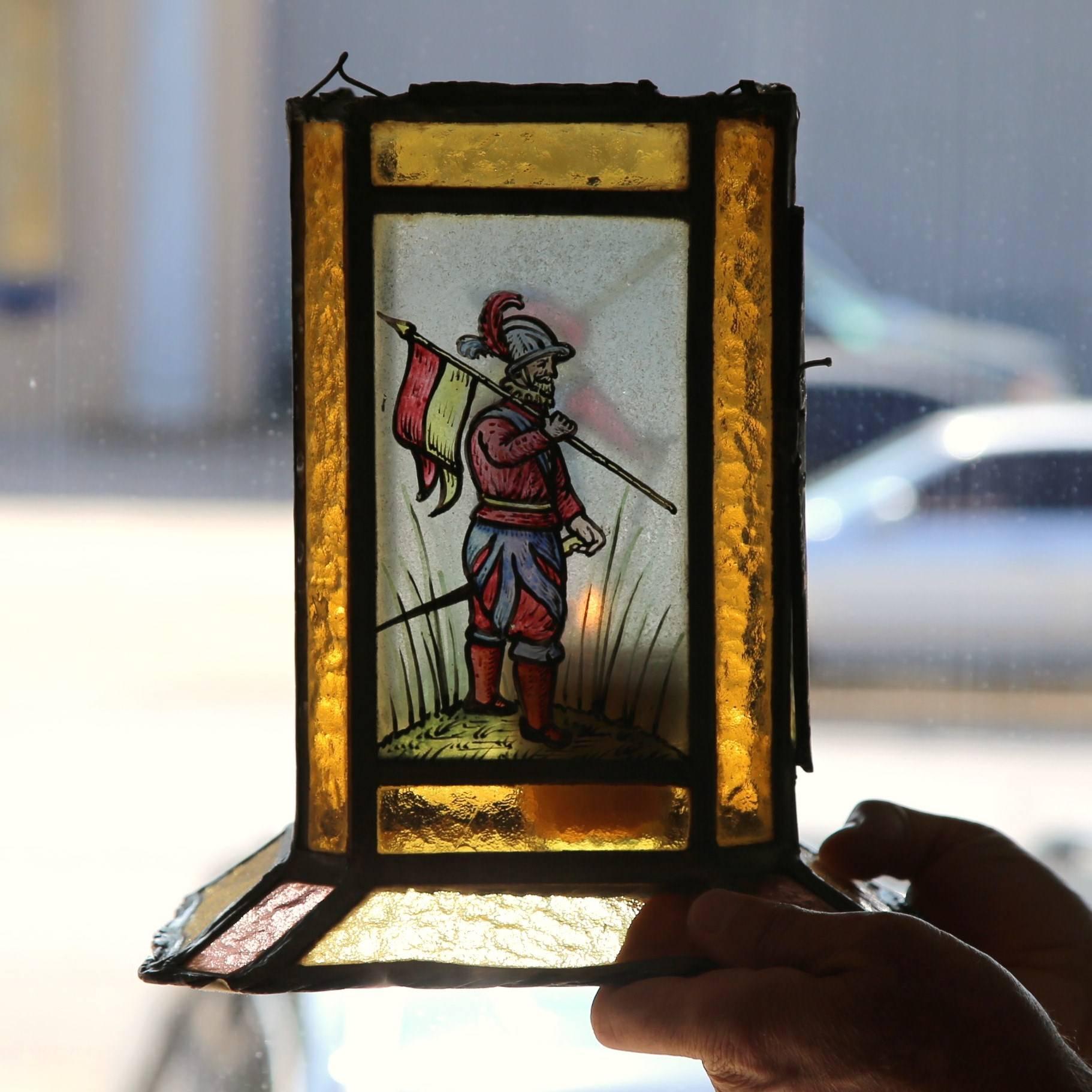 19th Century French Stain Glass Lantern with Four Hand-Painted Musketeers 2