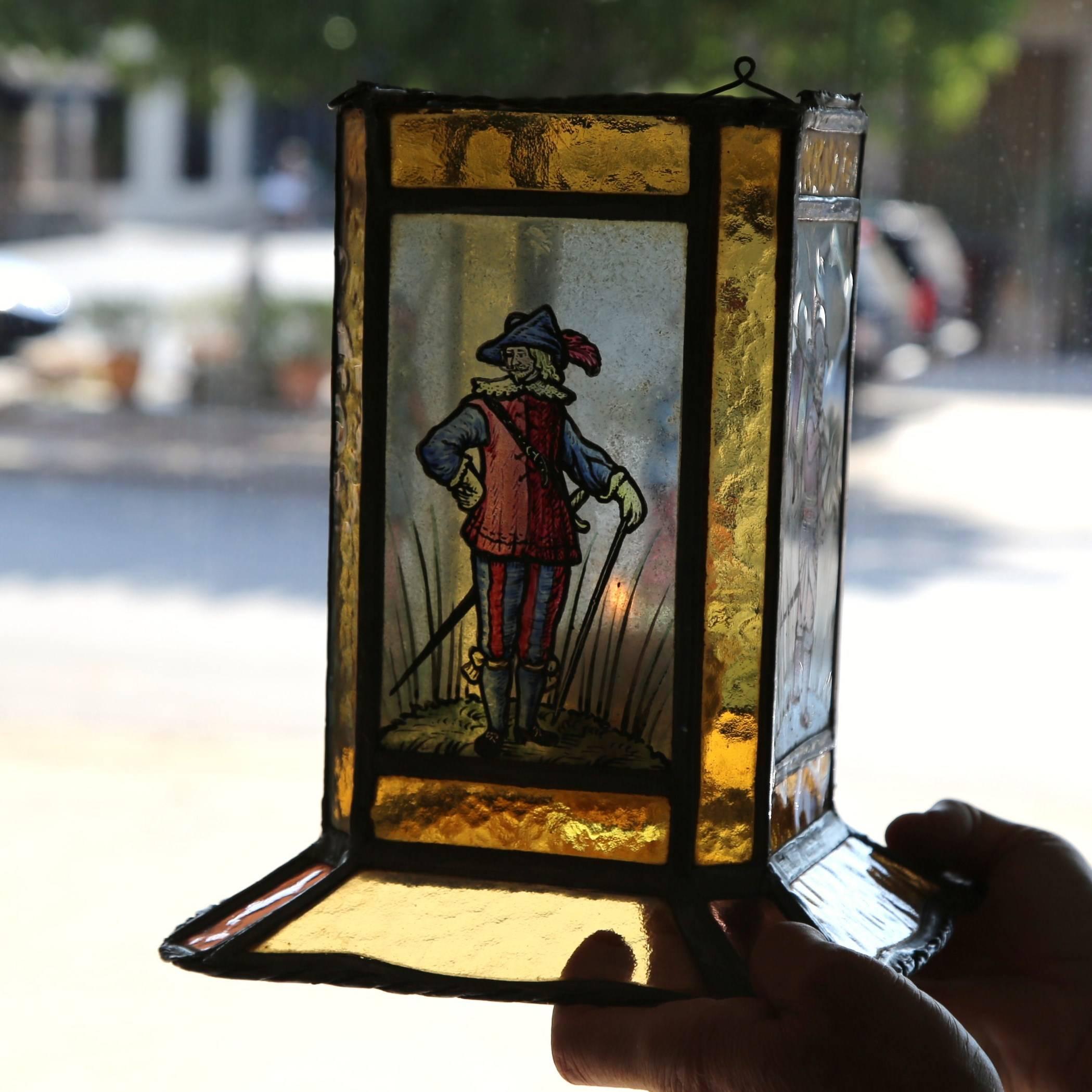 19th Century French Stain Glass Lantern with Four Hand-Painted Musketeers 3