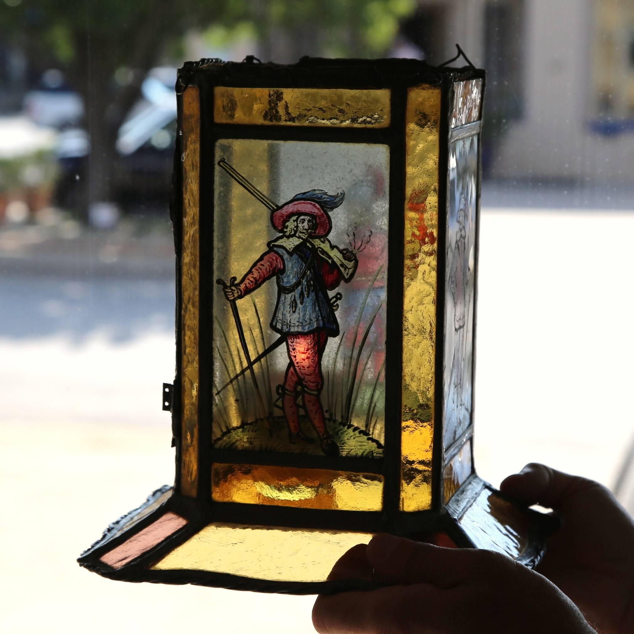 19th Century French Stain Glass Lantern with Four Hand-Painted Musketeers 4