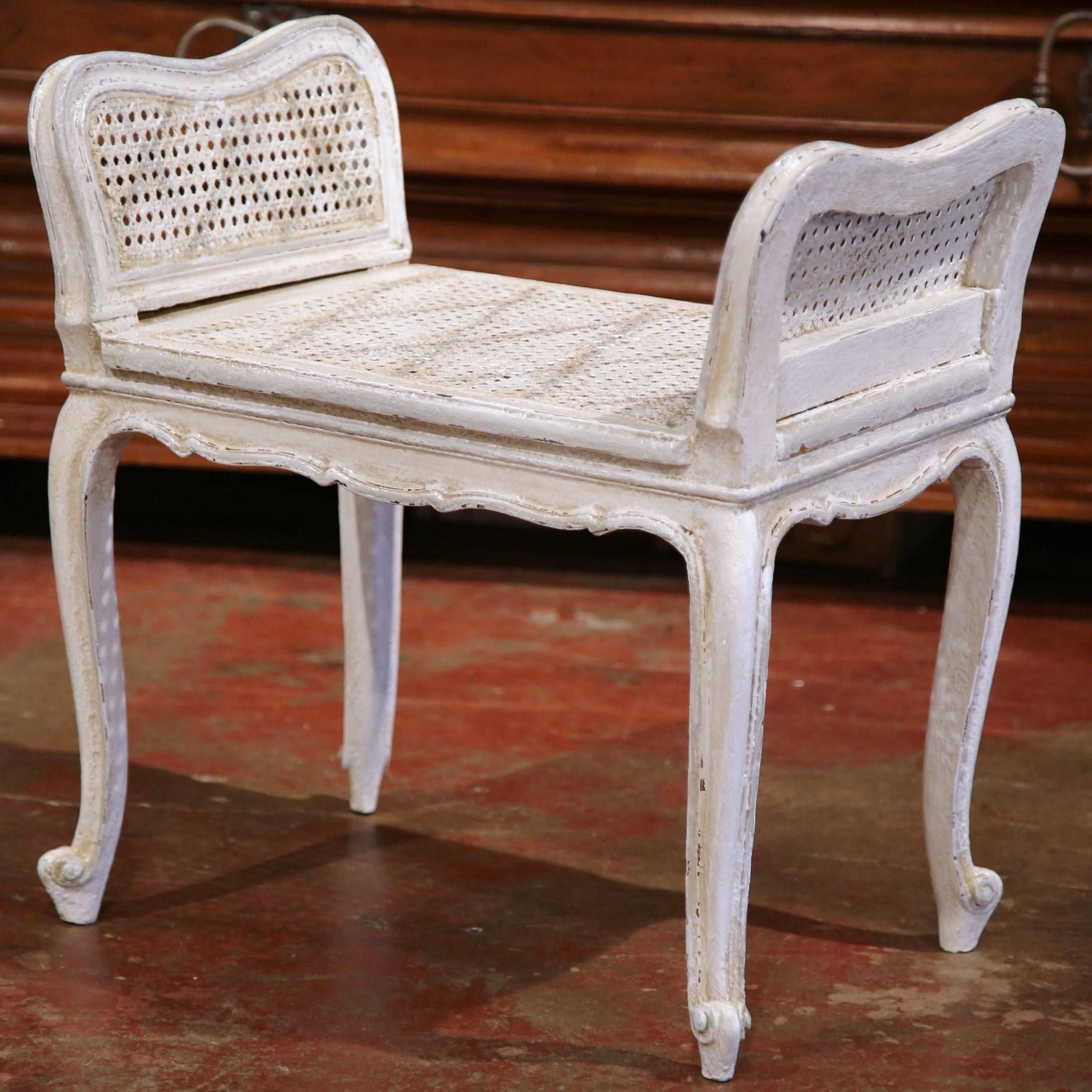 Early 20th Century French Louis XV Carved Painted Bench with Cane Seating 2