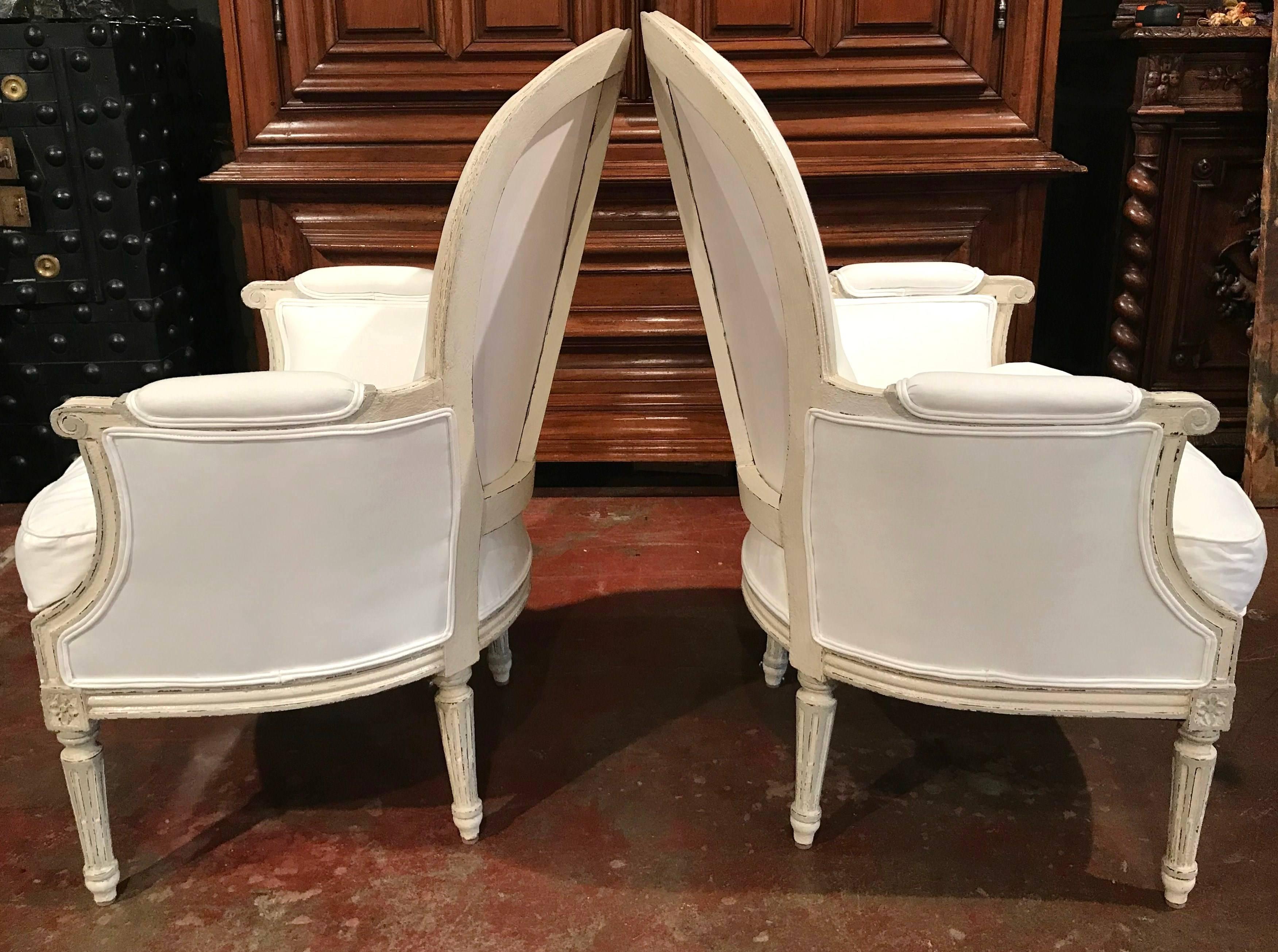 Pair of 19th Century French Louis XVI Carved Painted Bergère Armchairs 3