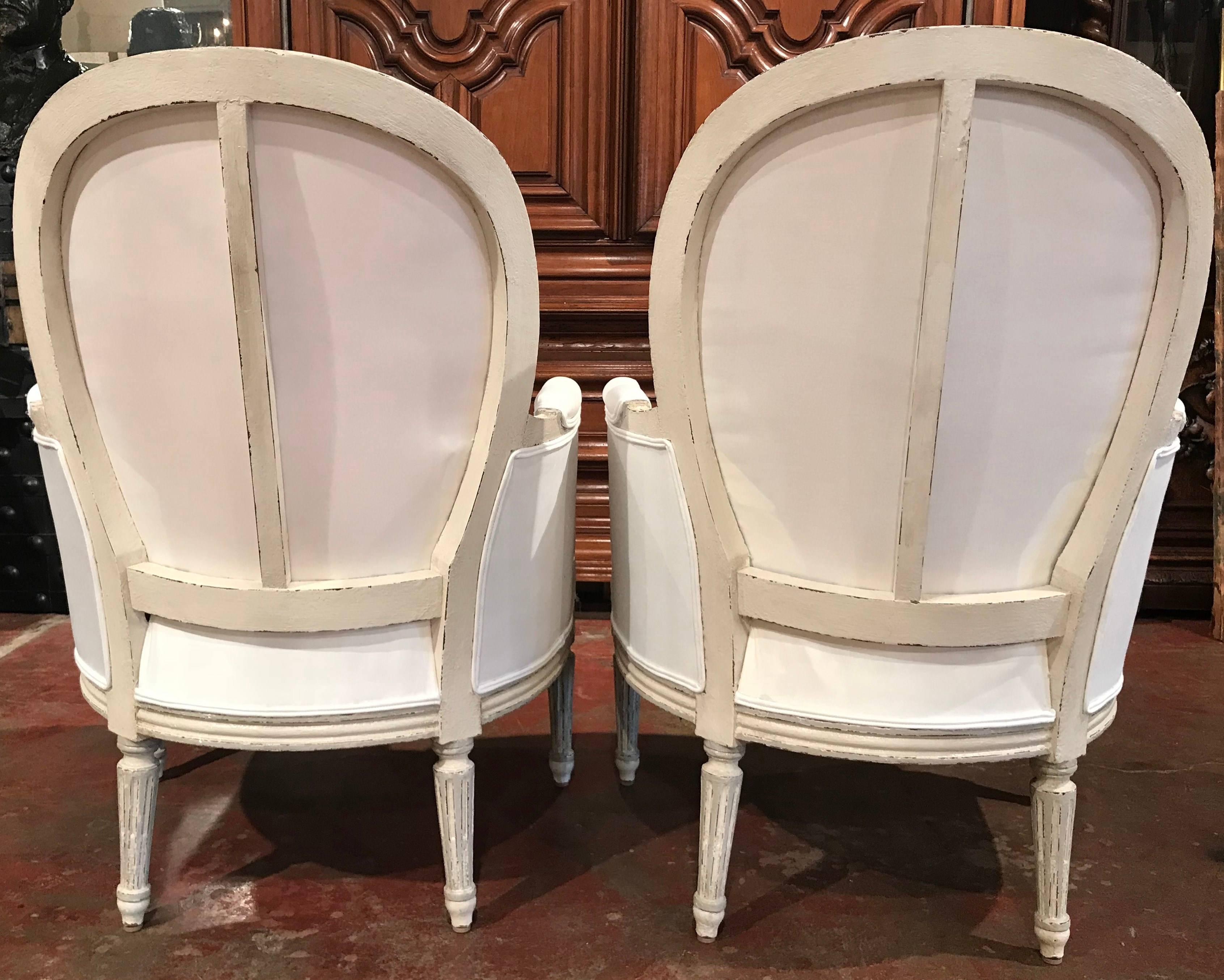 Pair of 19th Century French Louis XVI Carved Painted Bergère Armchairs 5