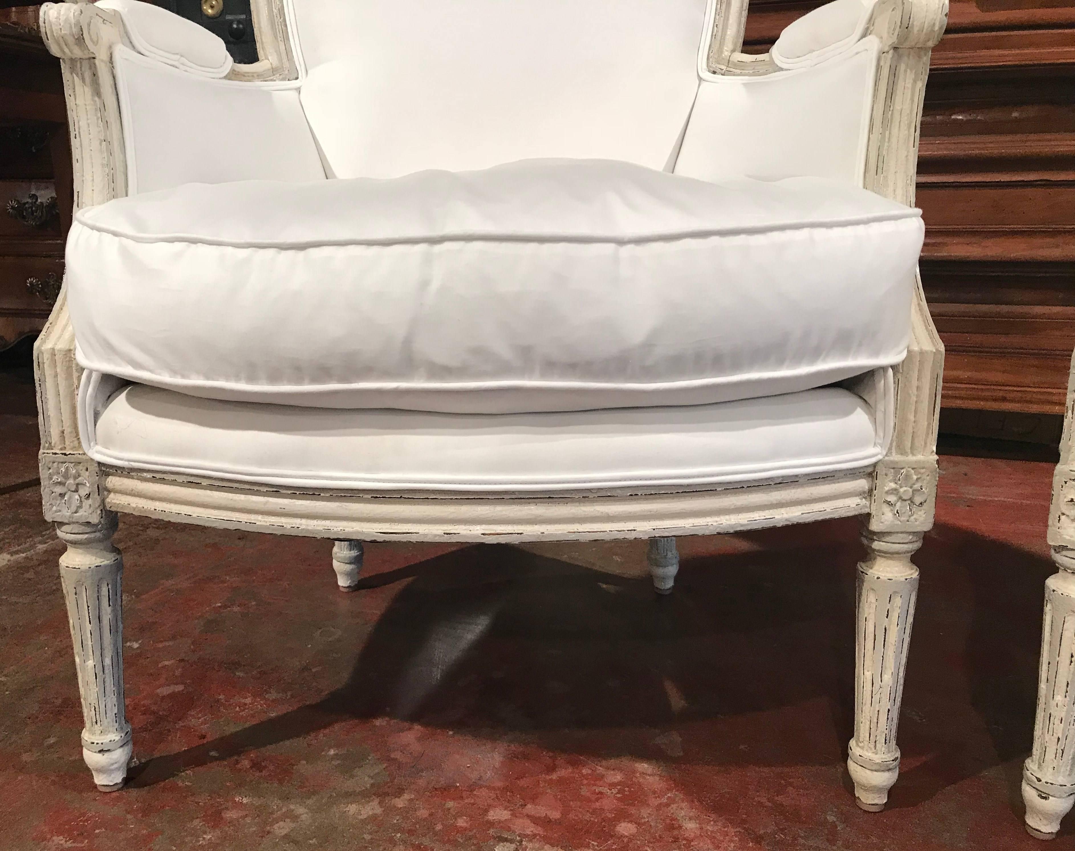 Pair of 19th Century French Louis XVI Carved Painted Bergère Armchairs 1
