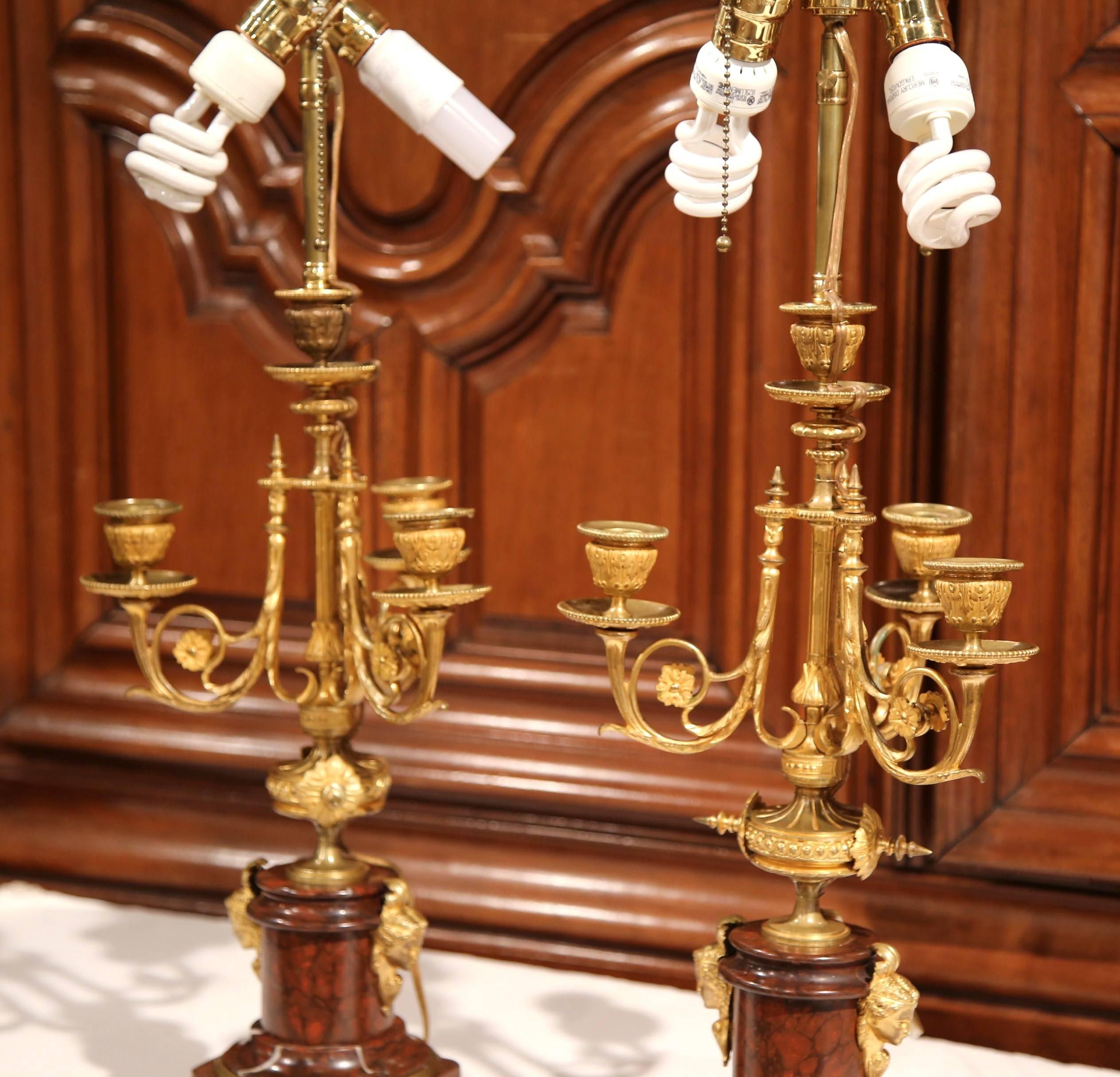 Napoleon III Pair of 19th Century French Bronze and Marble Three-Light Candelabra Lamps