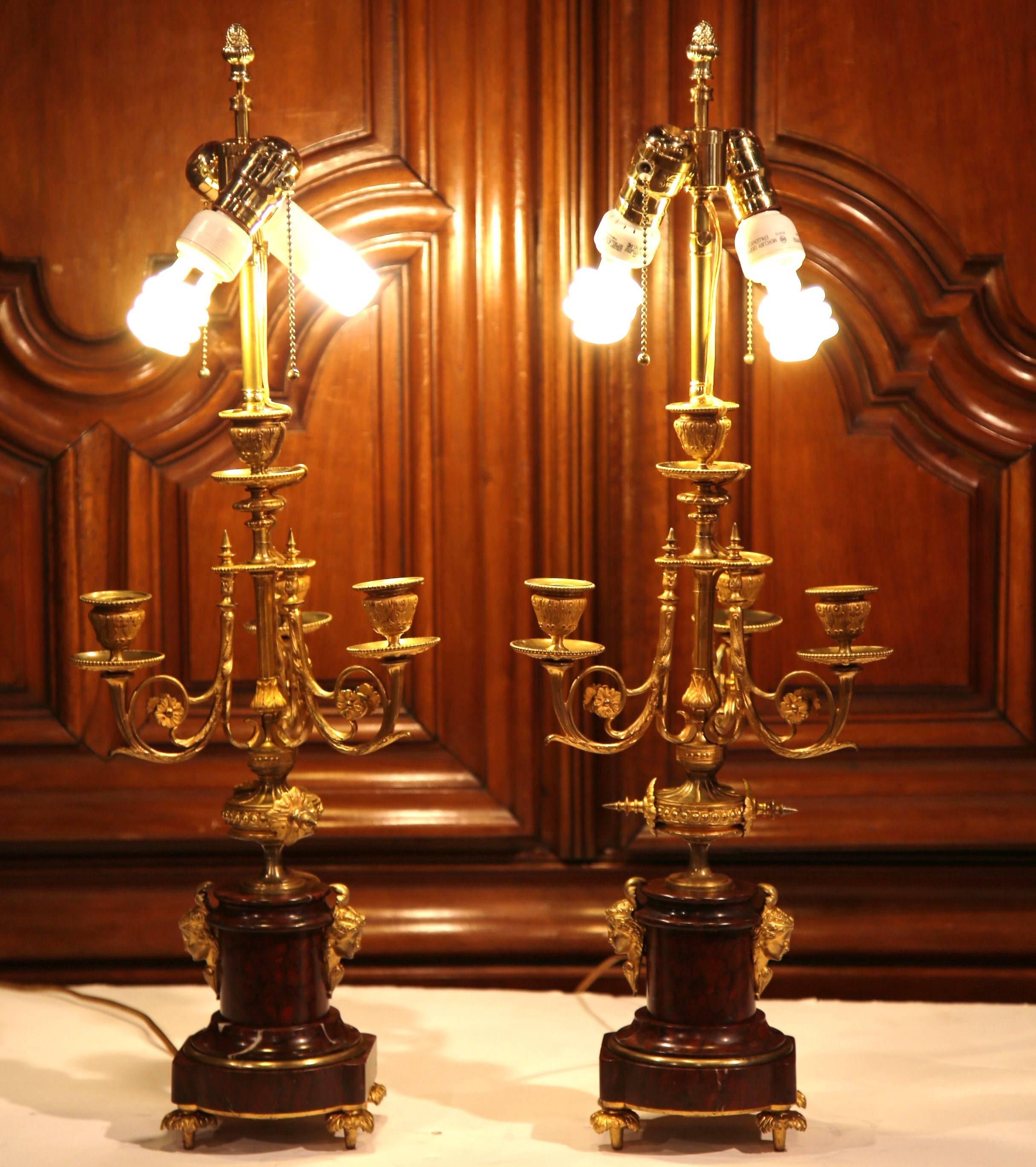 Pair of 19th Century French Bronze and Marble Three-Light Candelabra Lamps In Excellent Condition In Dallas, TX