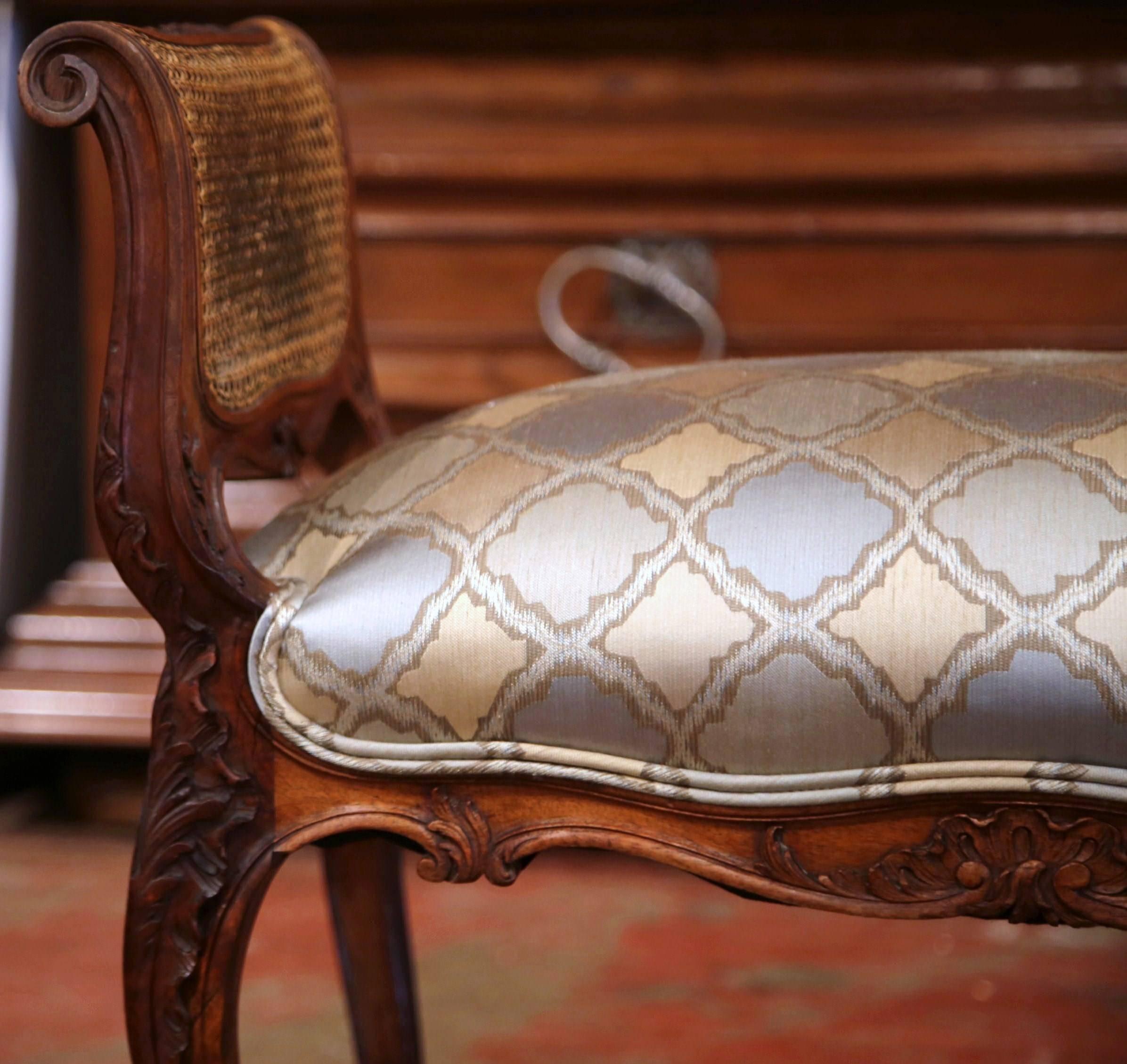 19th Century French Louis XV Carved Walnut and Cane Piano Bench with Silk Fabric 3