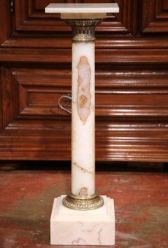 19th Century French White Marble Pedestal with Brass Rings and Square Top