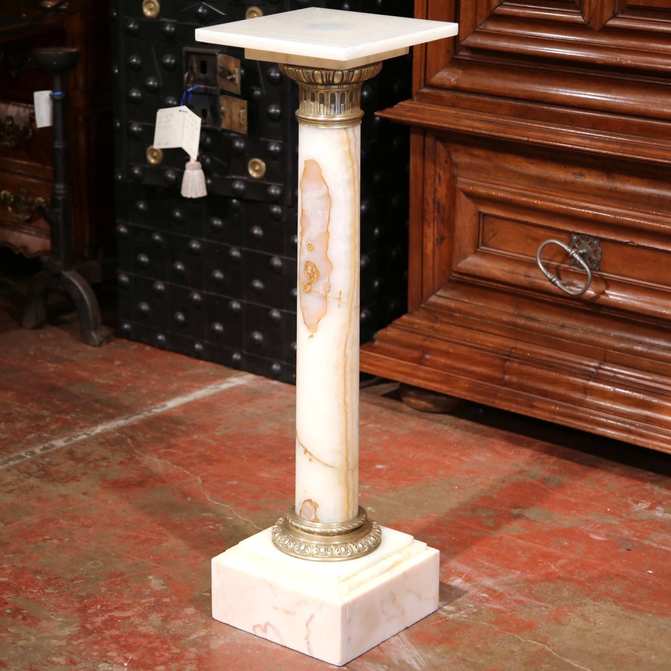 Hand-Carved 19th Century French White Marble Pedestal with Brass Rings and Square Top