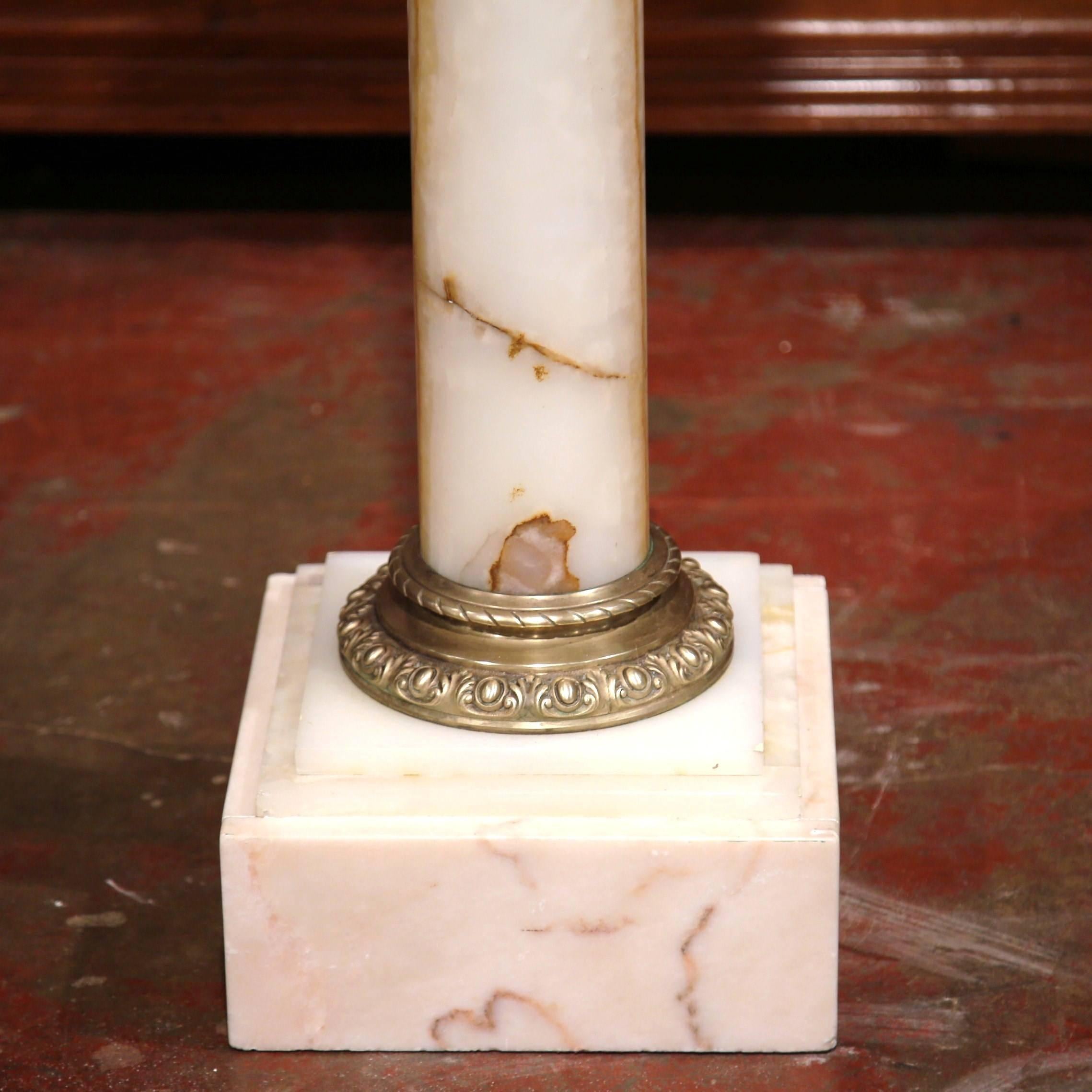 19th Century French White Marble Pedestal with Brass Rings and Square Top In Excellent Condition In Dallas, TX