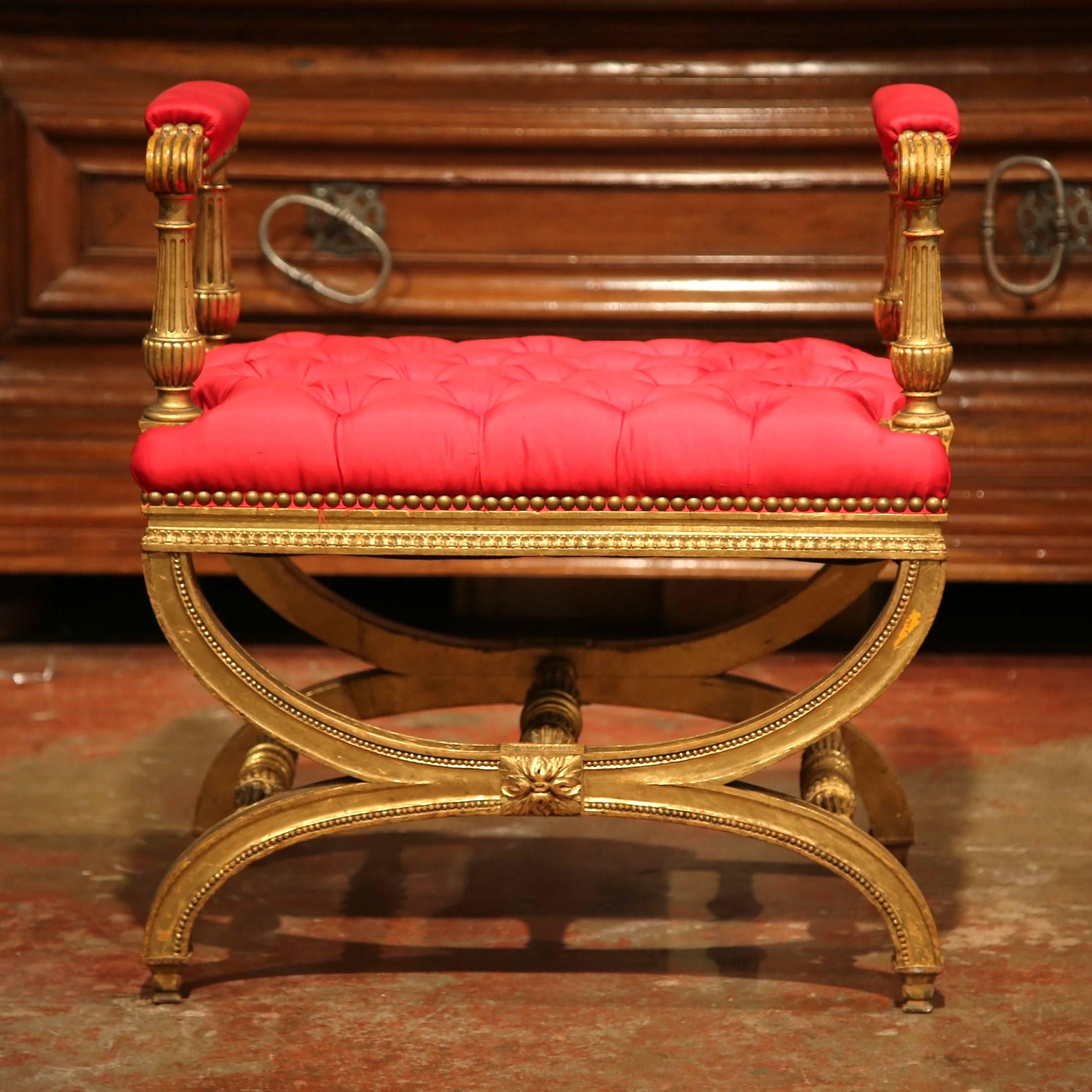 Hand-Carved 19th Century French Napoleon III Carved Giltwood Stool with Red Silk Fabric