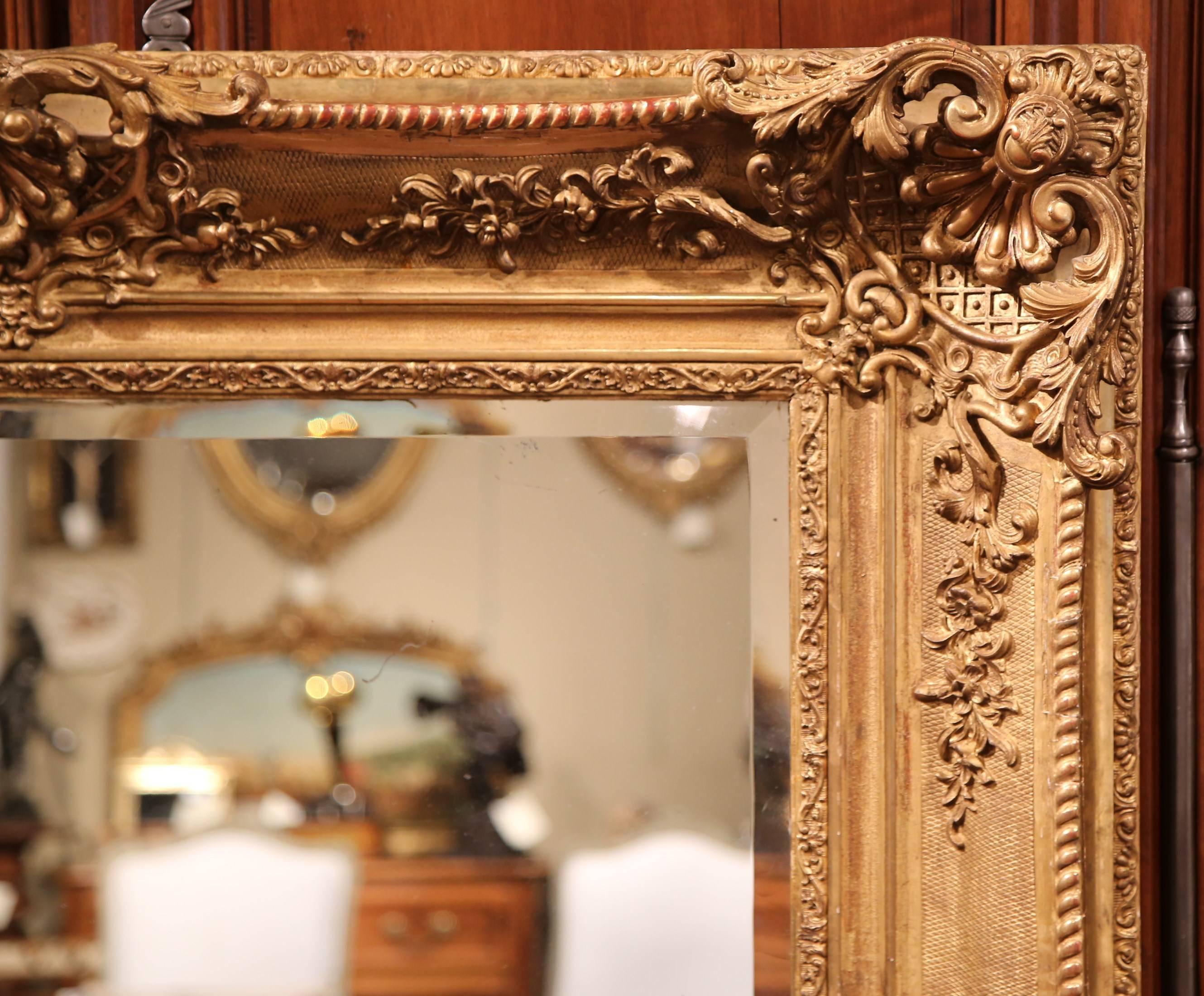 Mercury Glass 19th Century French Louis XV Carved Giltwood Mirror with Floral and Shell Decor