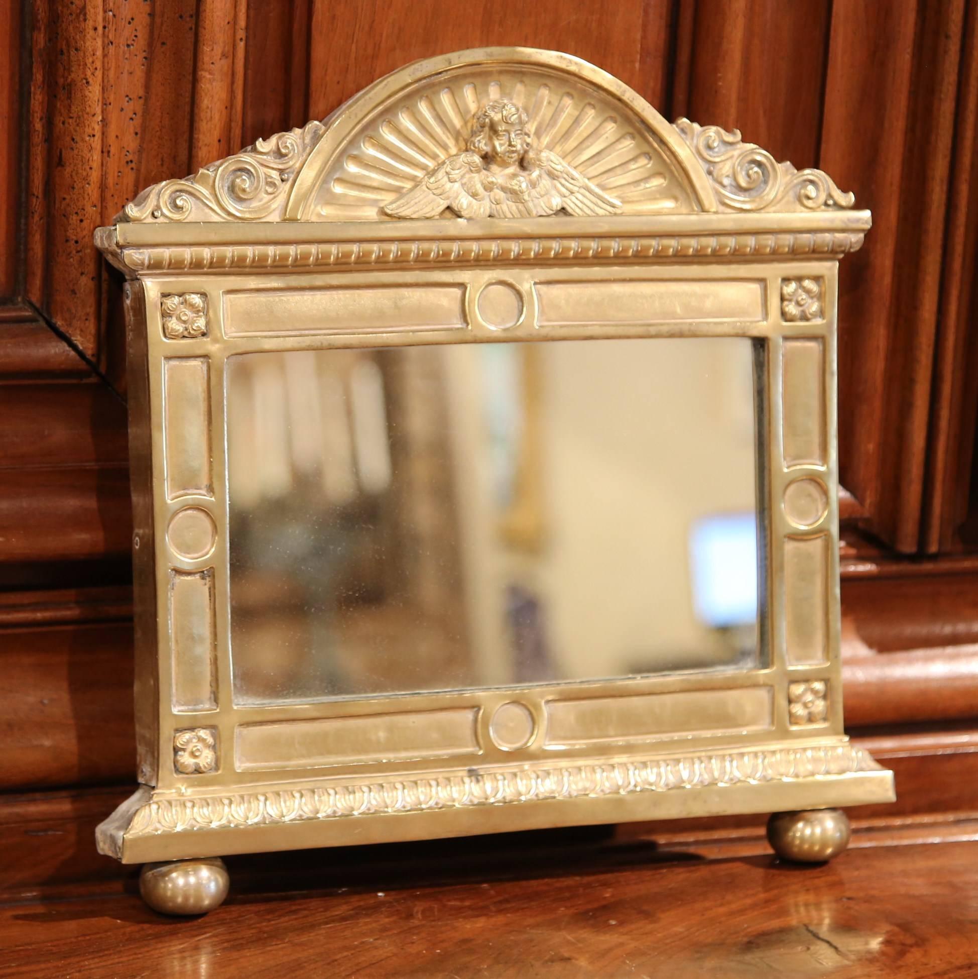 19th Century French Repousse Brass Wall Mirror with Cherub Face Decor For Sale 3