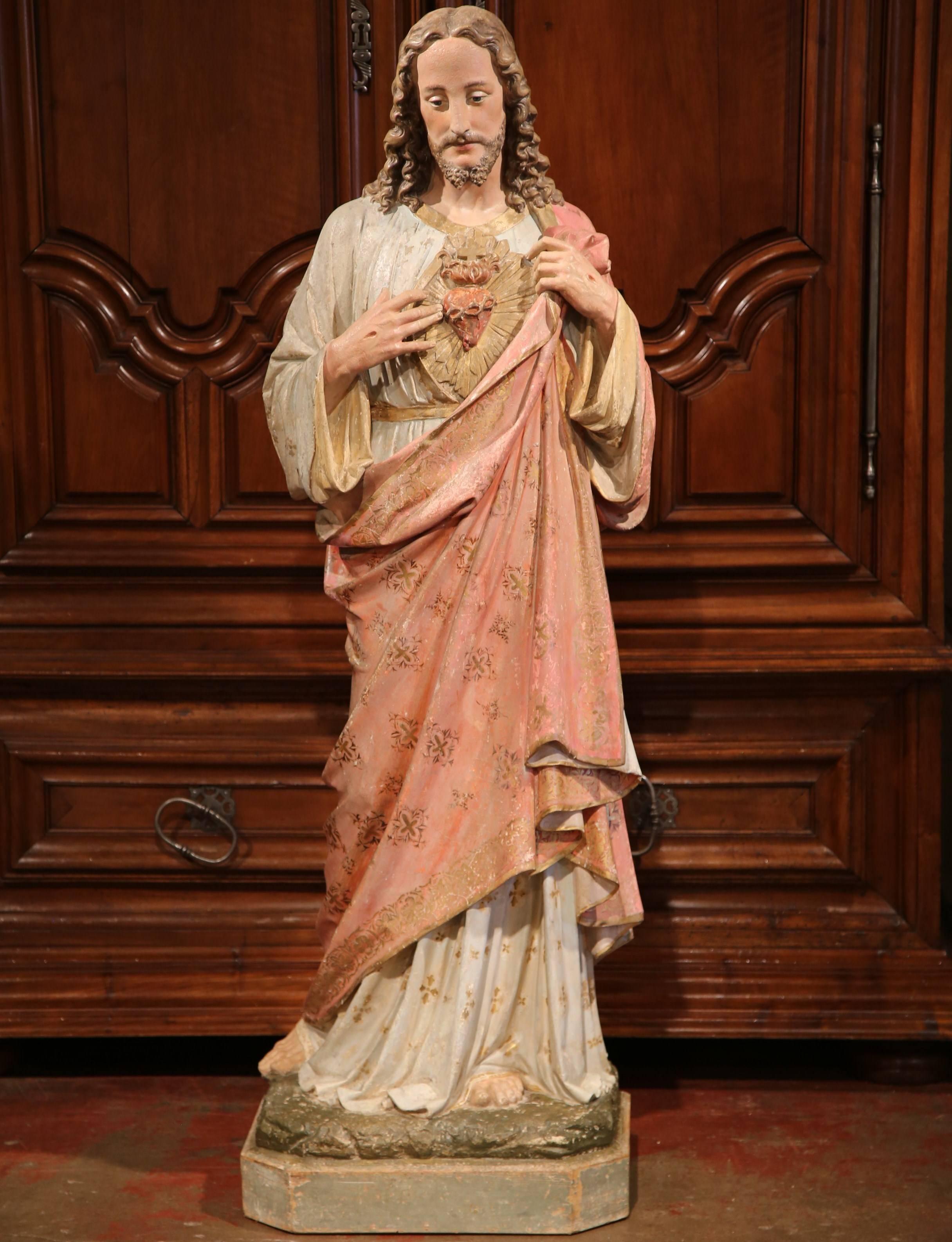 19th Century French Painted and Gilt Terracotta Life-Size Jesus Christ Statue In Excellent Condition In Dallas, TX