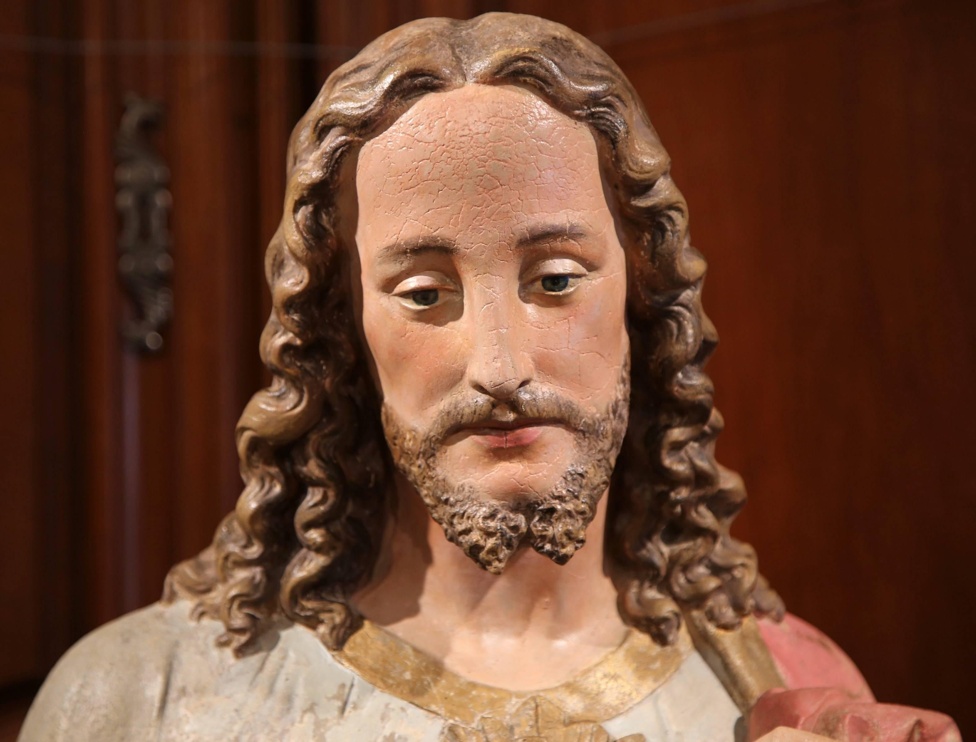 19th Century French Painted and Gilt Terracotta Life-Size Jesus Christ Statue 1