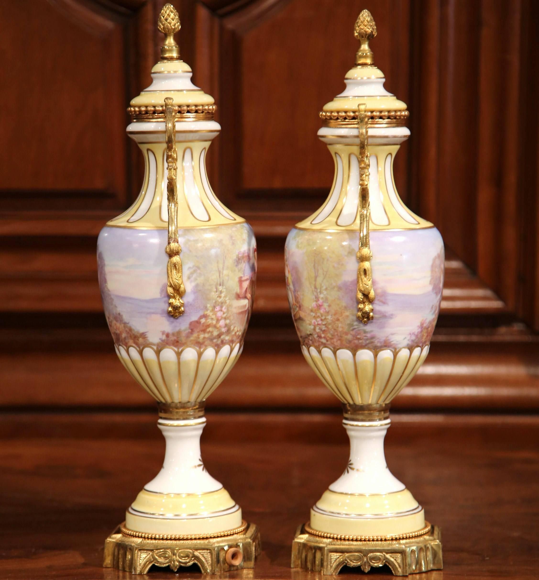 Hand-Crafted Pair of 19th Century French Painted Porcelain and Bronze Vases Signed Maxant