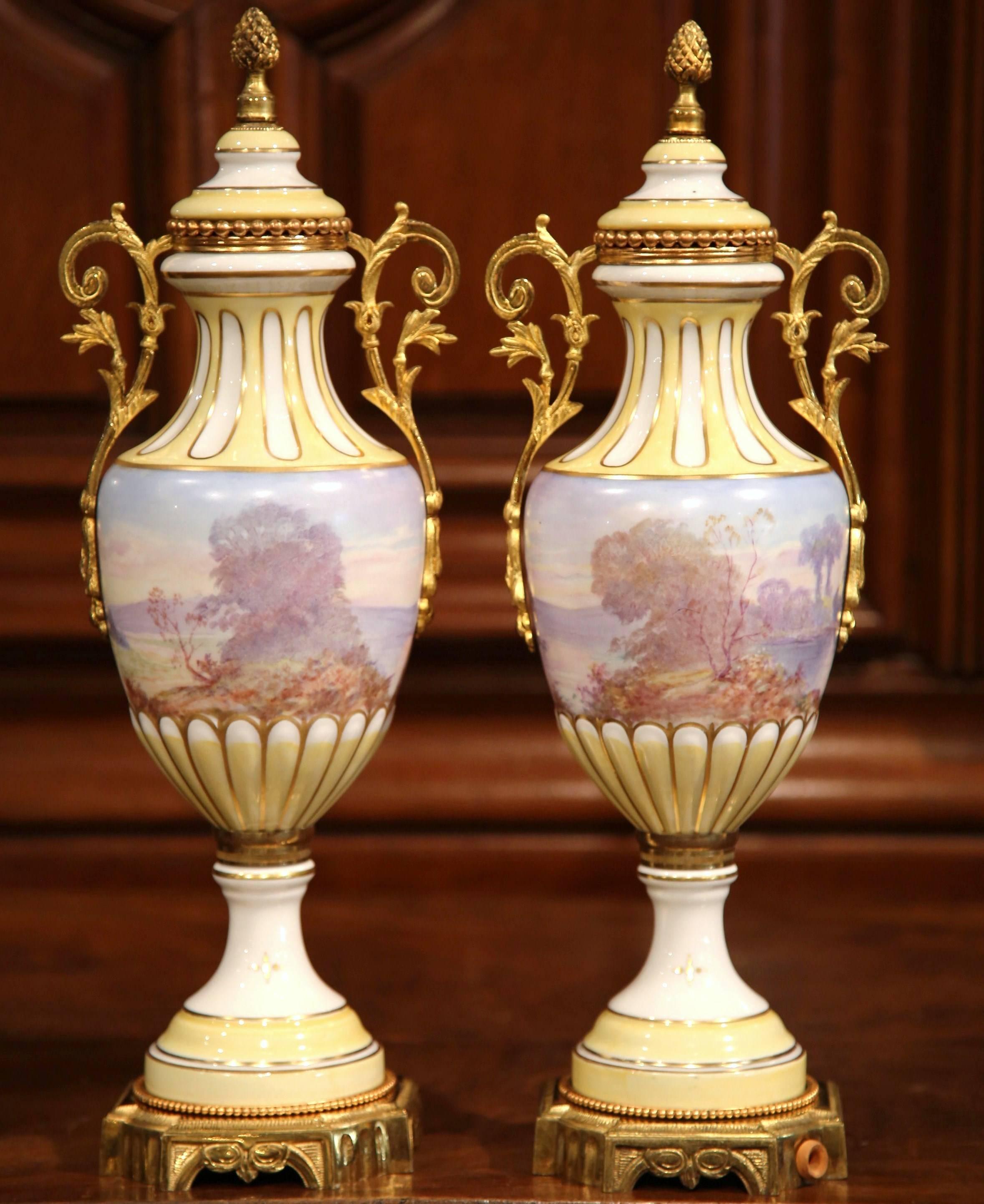 Pair of 19th Century French Painted Porcelain and Bronze Vases Signed Maxant In Excellent Condition In Dallas, TX