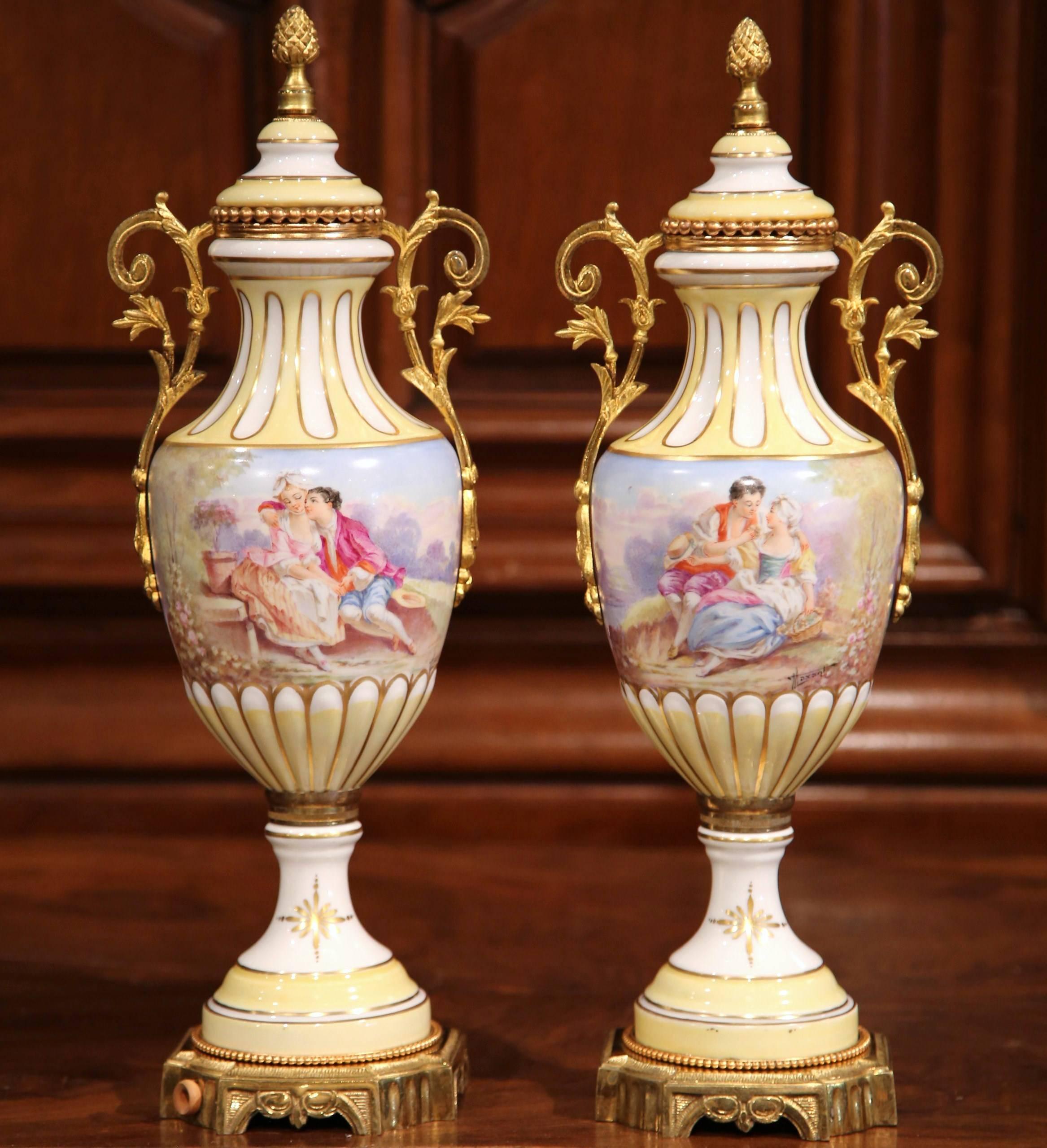 20th Century Pair of 19th Century French Painted Porcelain and Bronze Vases Signed Maxant