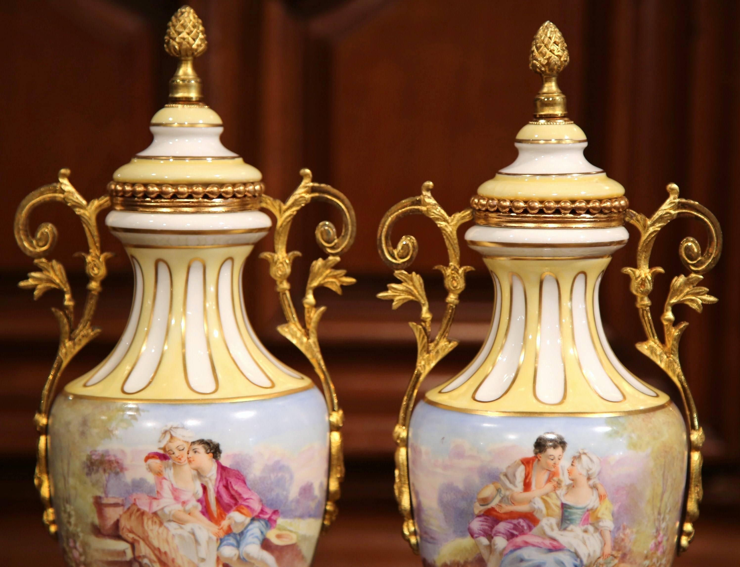 Pair of 19th Century French Painted Porcelain and Bronze Vases Signed Maxant 1