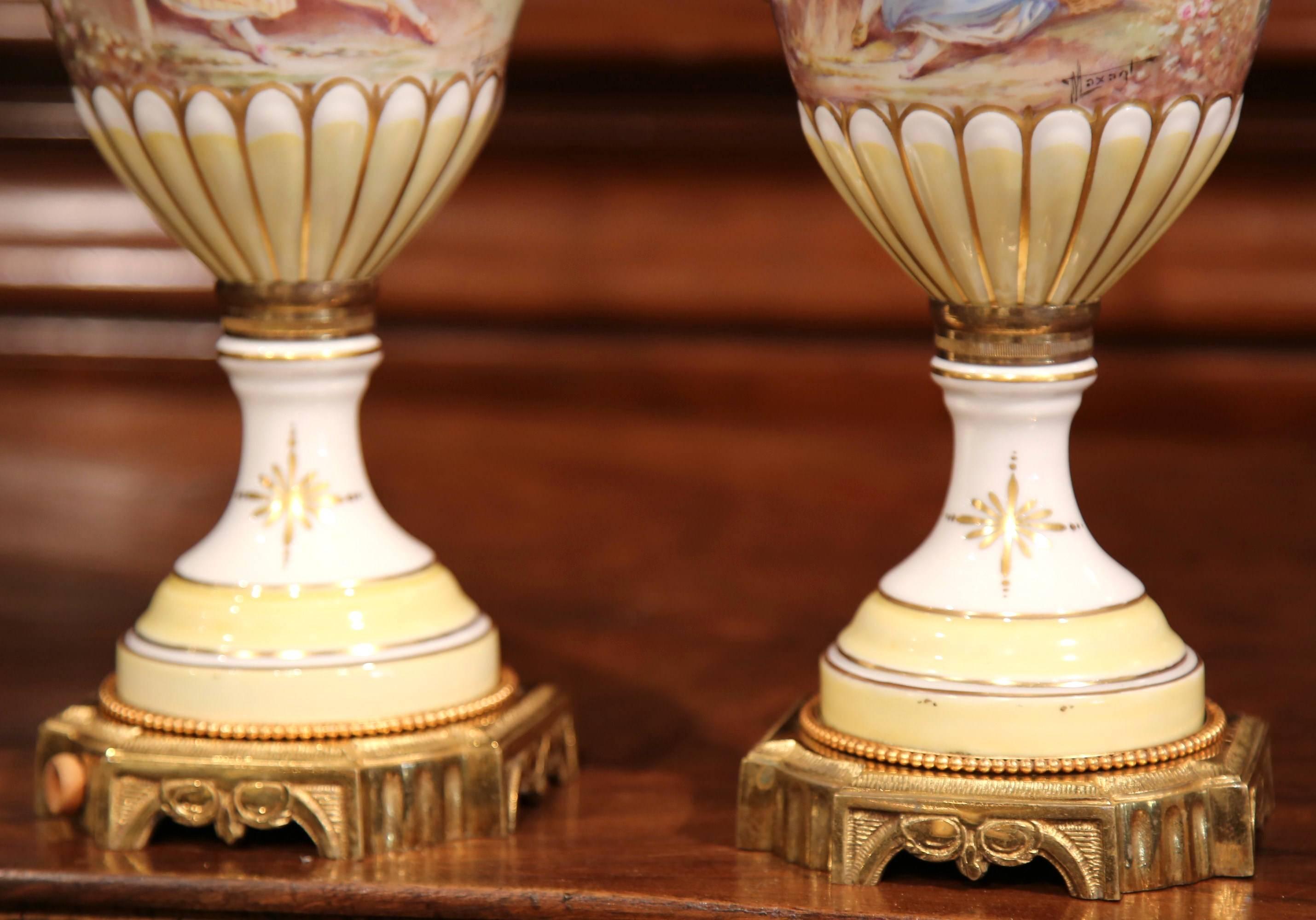 Pair of 19th Century French Painted Porcelain and Bronze Vases Signed Maxant 2