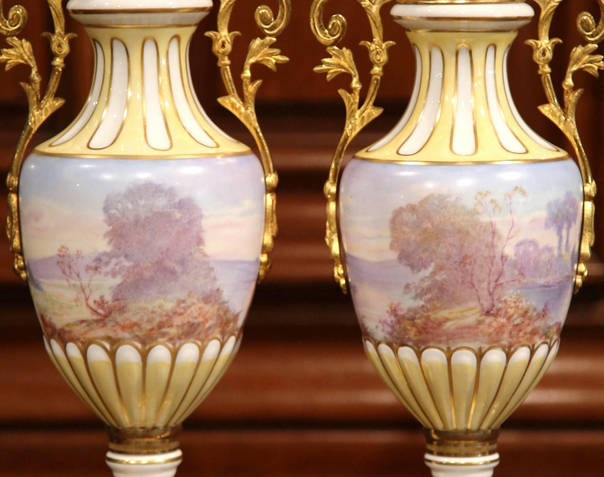 Pair of 19th Century French Painted Porcelain and Bronze Vases Signed Maxant 3