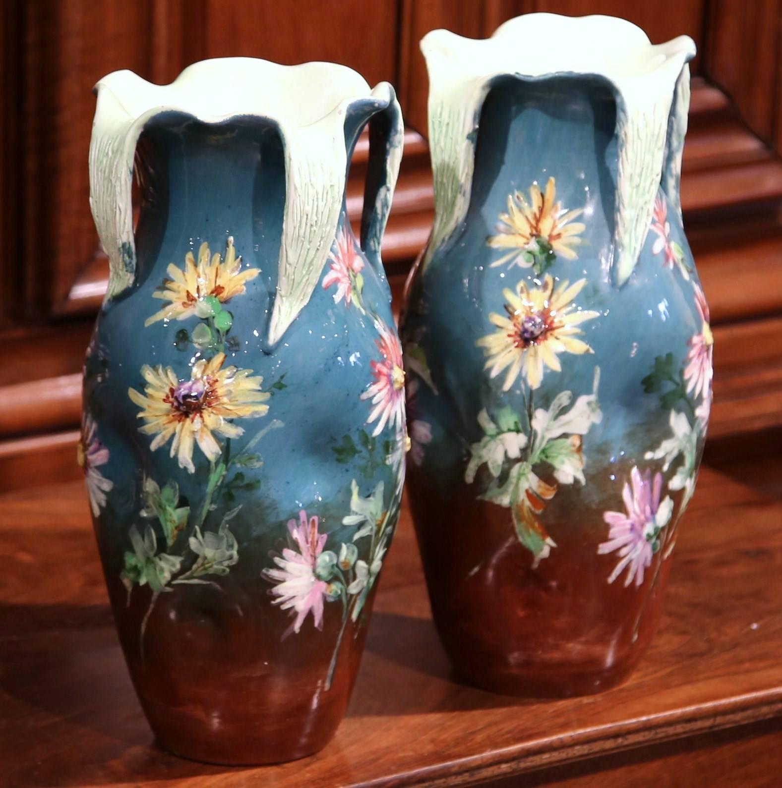 Hand-Crafted Pair of 19th Century French Painted Ceramic Barbotine Vases Signed J. Massier
