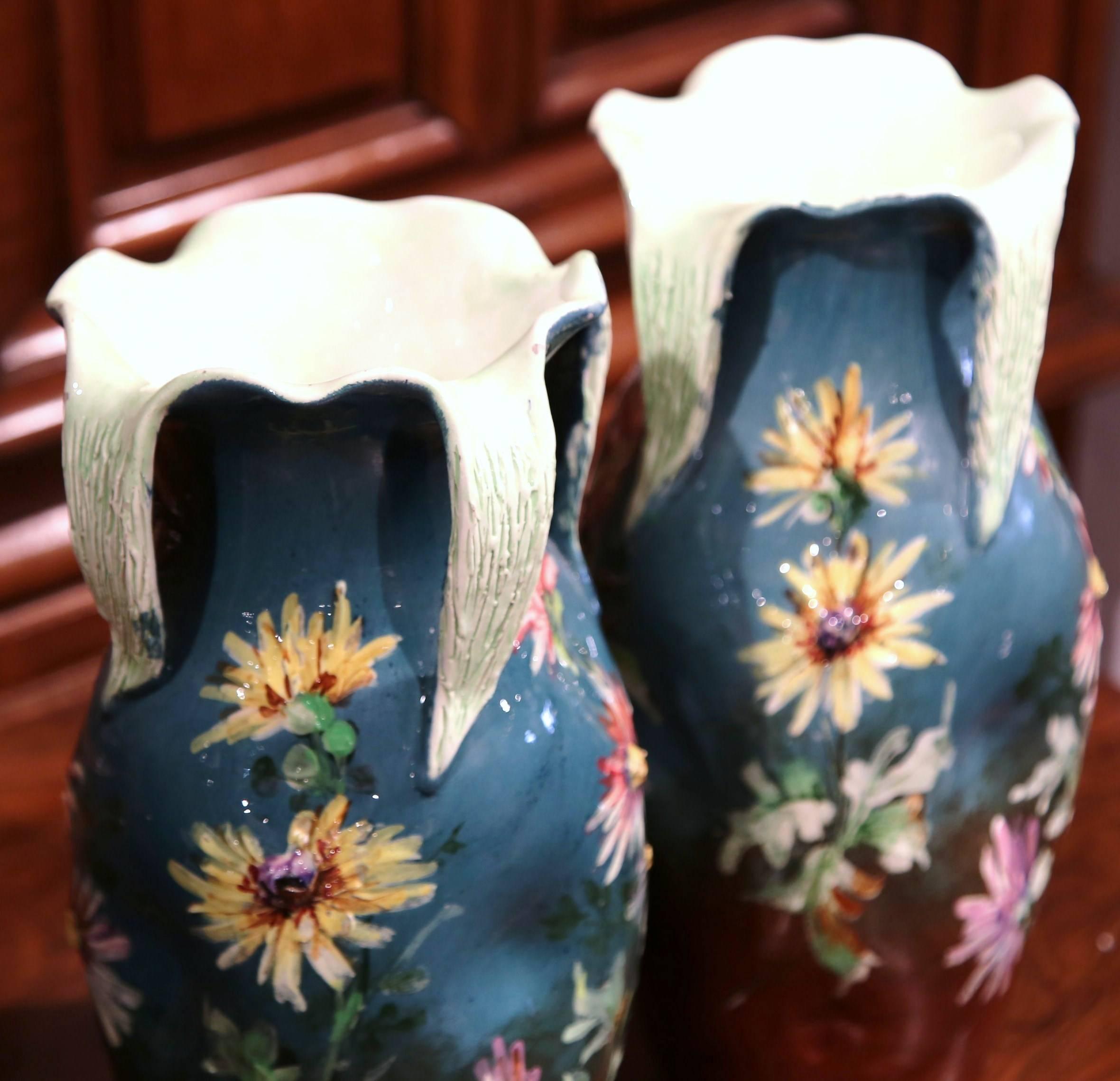 Pair of 19th Century French Painted Ceramic Barbotine Vases Signed J. Massier In Excellent Condition In Dallas, TX