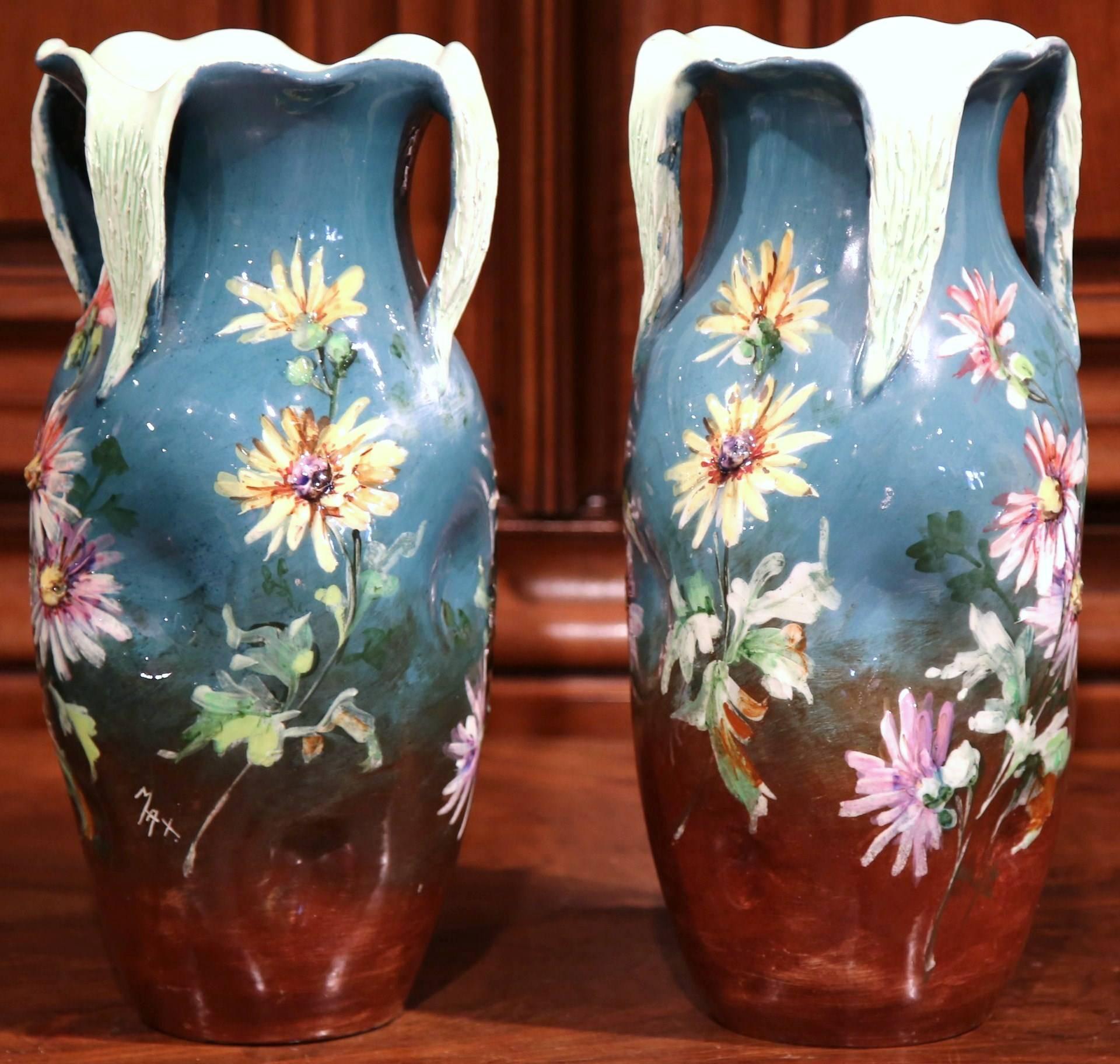 Pair of 19th Century French Painted Ceramic Barbotine Vases Signed J. Massier 2