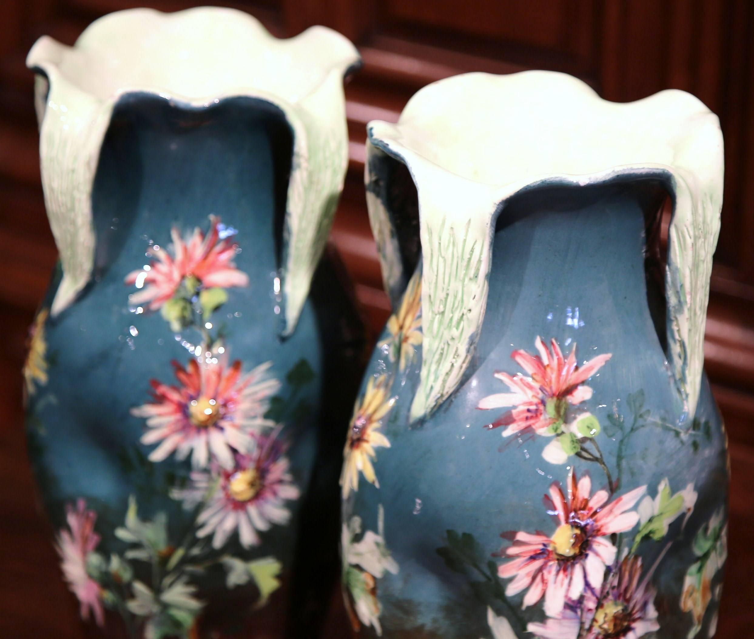 Pair of 19th Century French Painted Ceramic Barbotine Vases Signed J. Massier 3