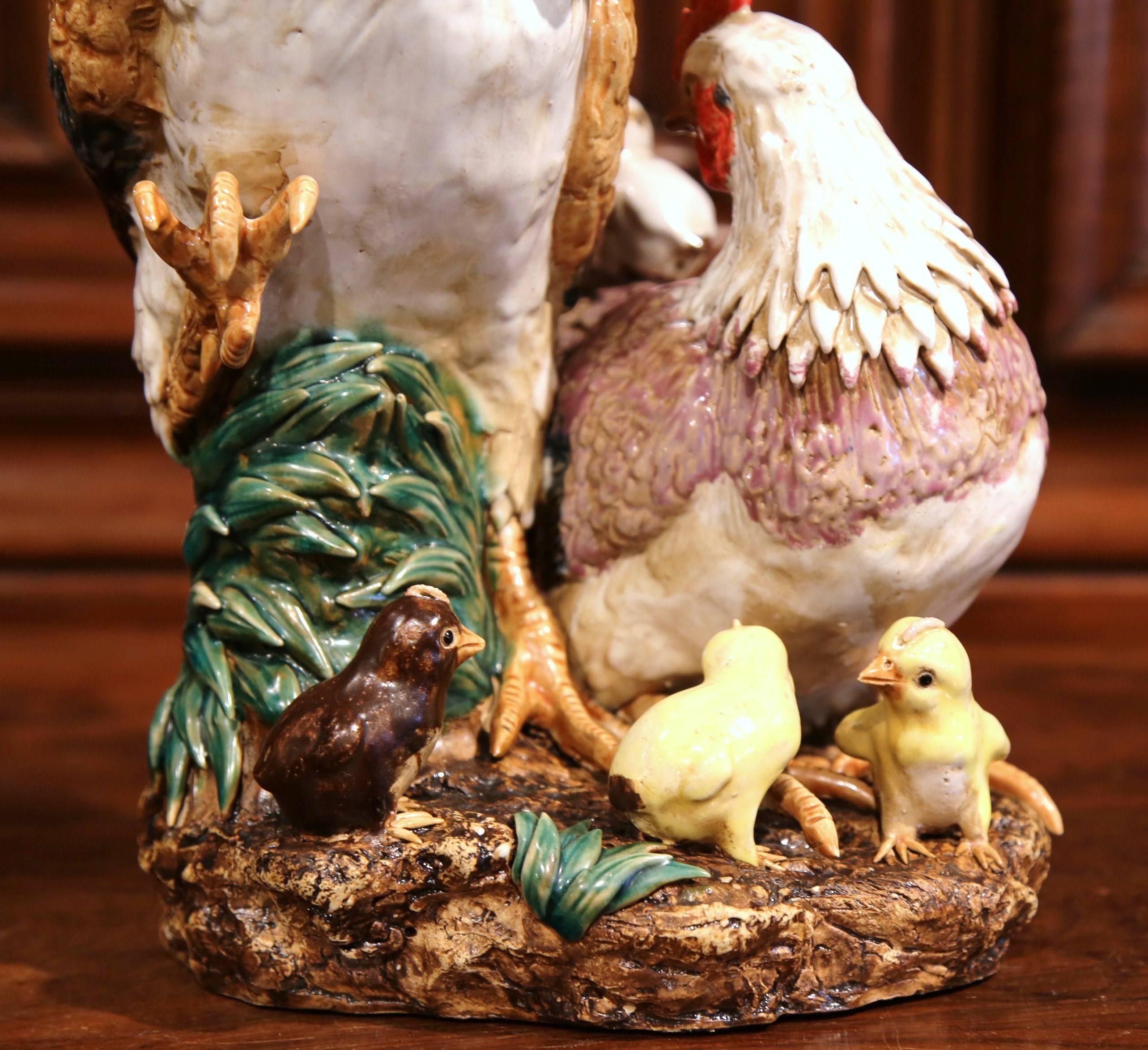 Hand-Crafted Colorful French Hand-Painted Barbotine Animal Sculpture with Chicken and Chicks