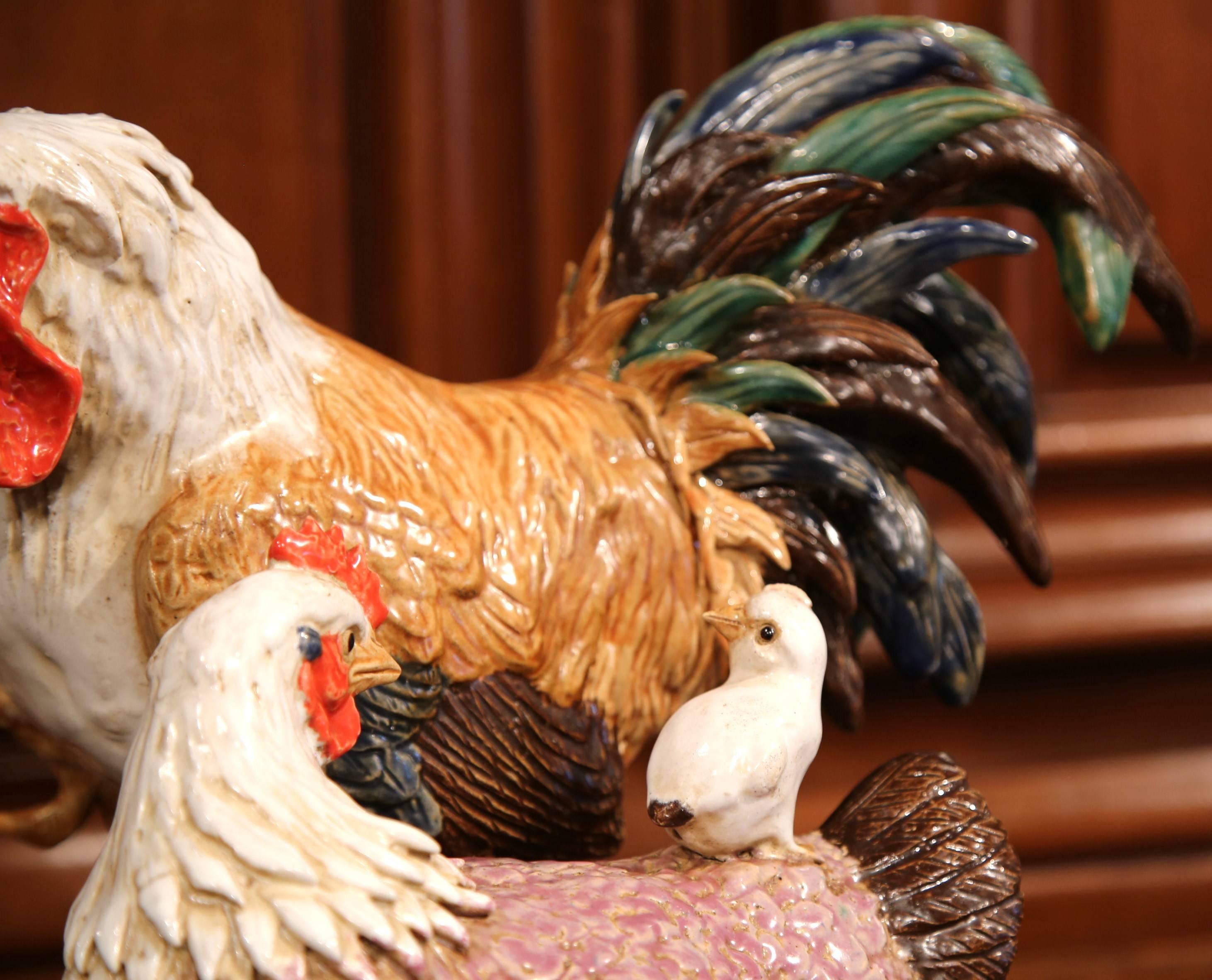 Contemporary Colorful French Hand-Painted Barbotine Animal Sculpture with Chicken and Chicks