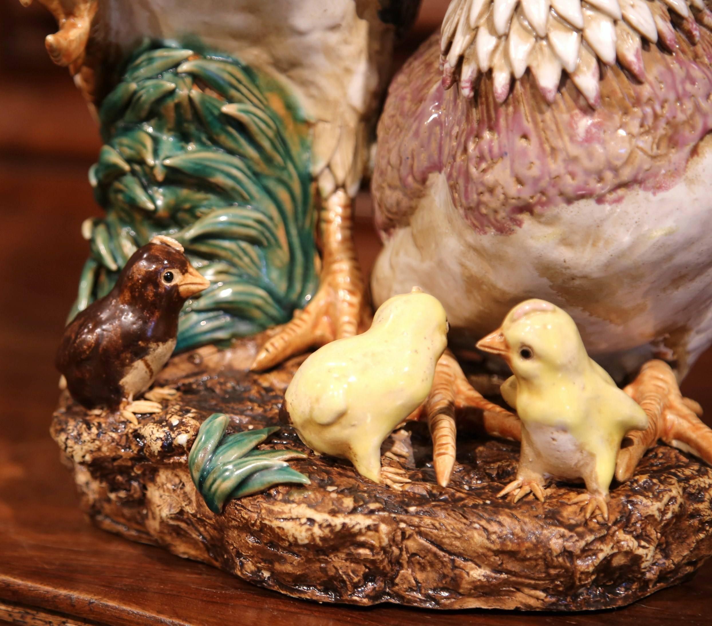 Ceramic Colorful French Hand-Painted Barbotine Animal Sculpture with Chicken and Chicks