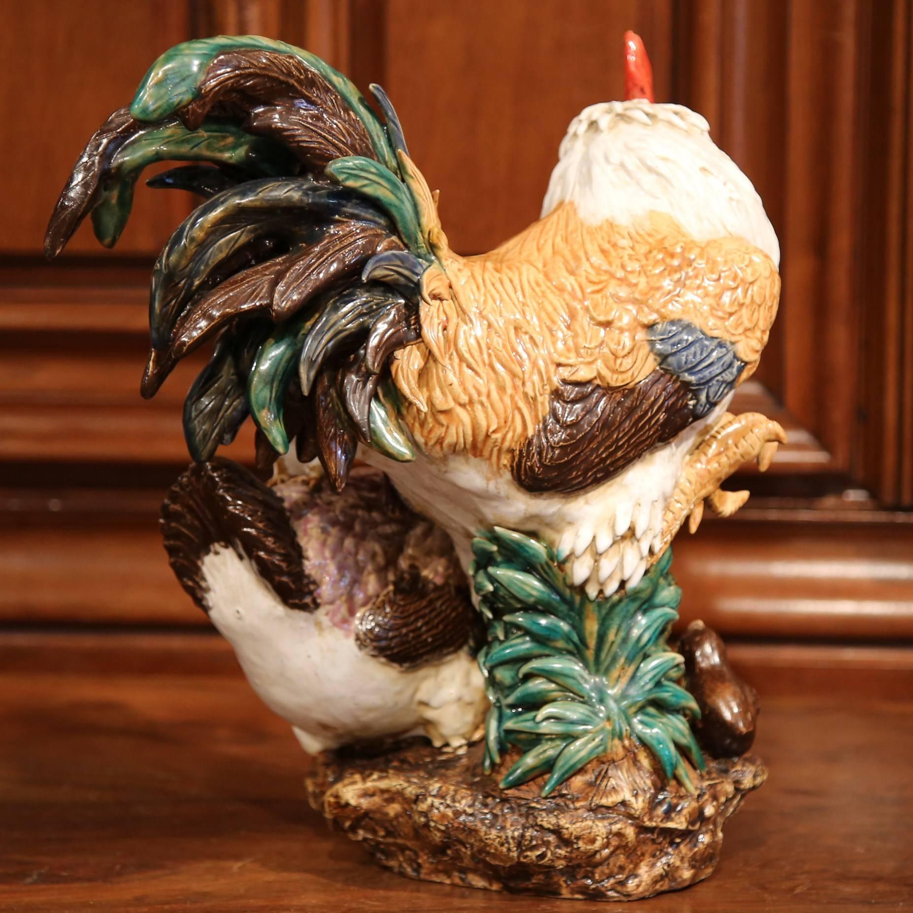 Colorful French Hand-Painted Barbotine Animal Sculpture with Chicken and Chicks 1