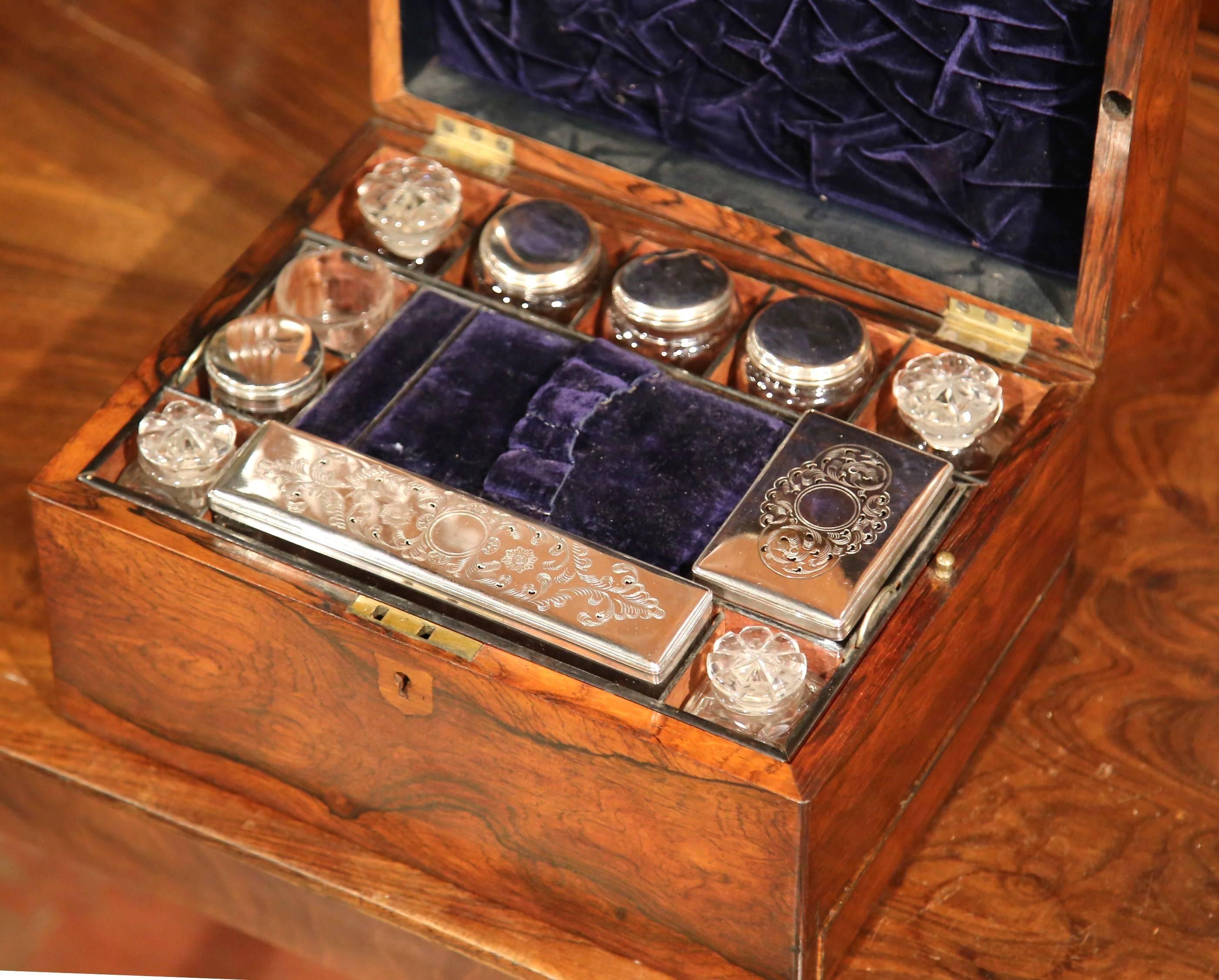 Napoleon III 19th Century French Rosewood Travel Vanity Case with Cut Glass Silver Bottles