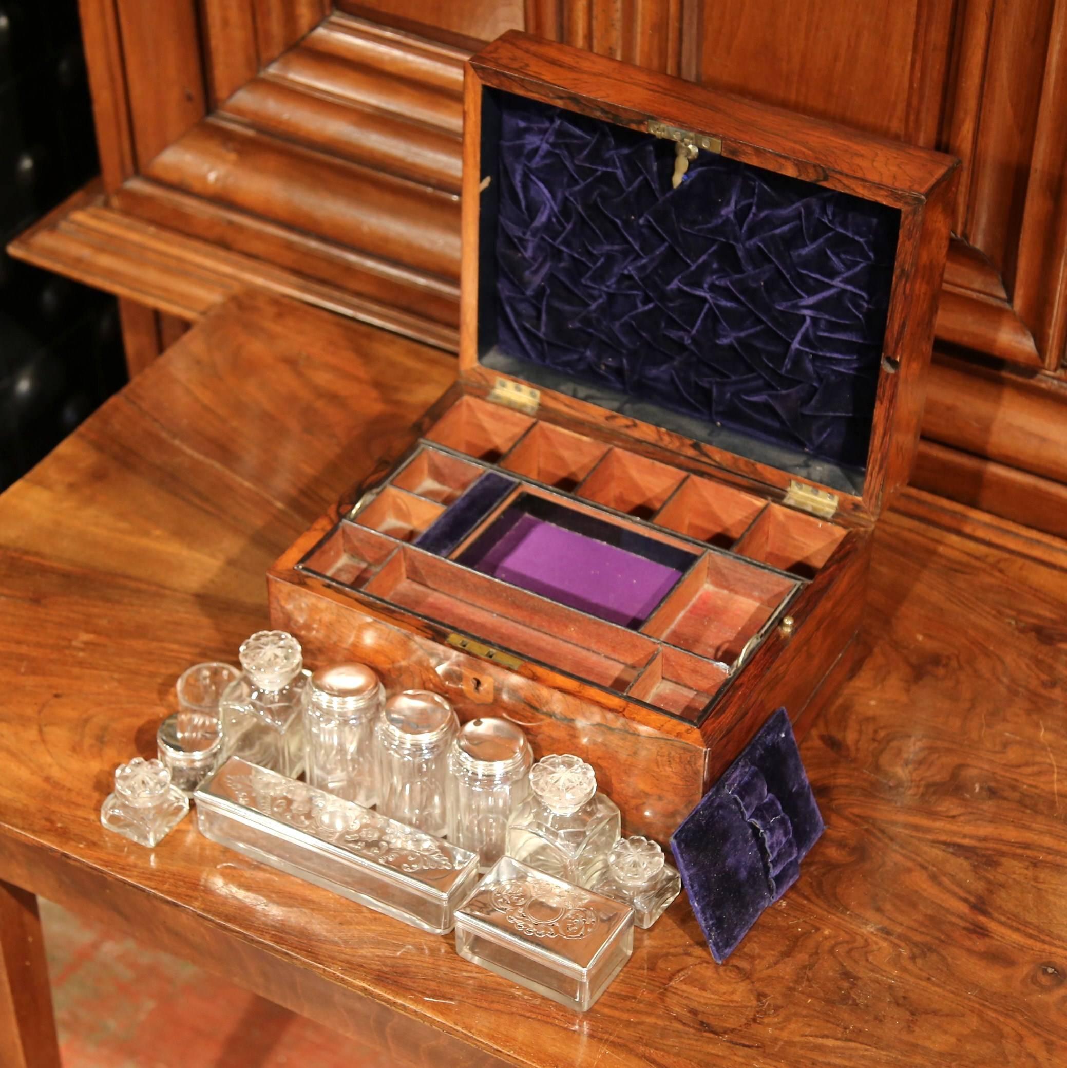 Hand-Crafted 19th Century French Rosewood Travel Vanity Case with Cut Glass Silver Bottles