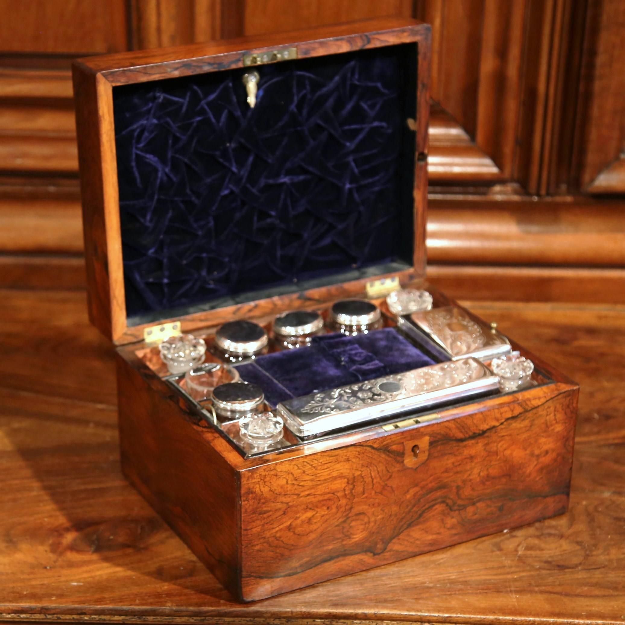 19th Century French Rosewood Travel Vanity Case with Cut Glass Silver Bottles 3