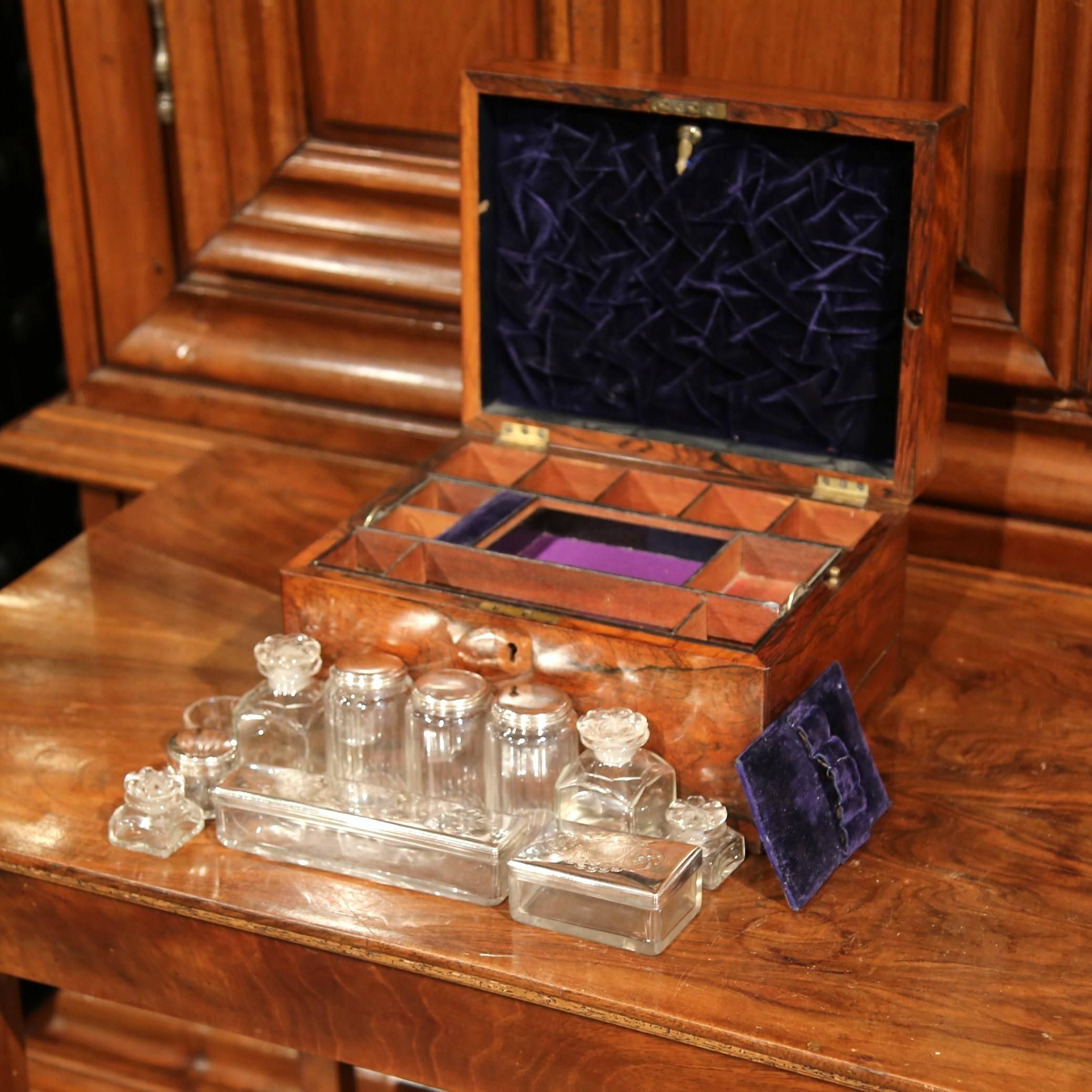 19th Century French Rosewood Travel Vanity Case with Cut Glass Silver Bottles 4