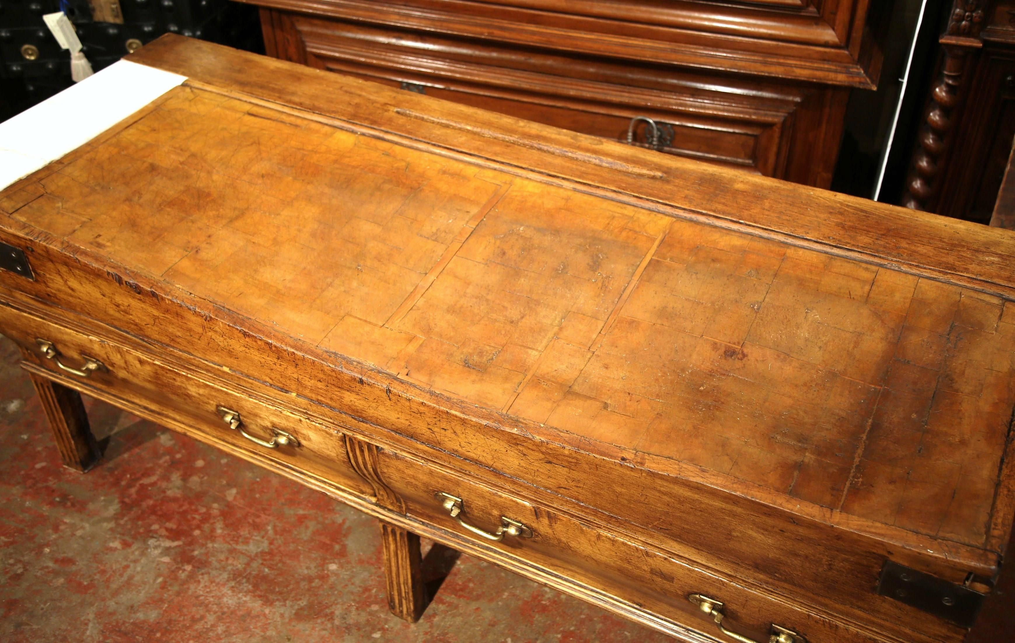 Hand-Carved 19th Century French Carved Six-Leg Butcher Table with Marble Side and Drawers