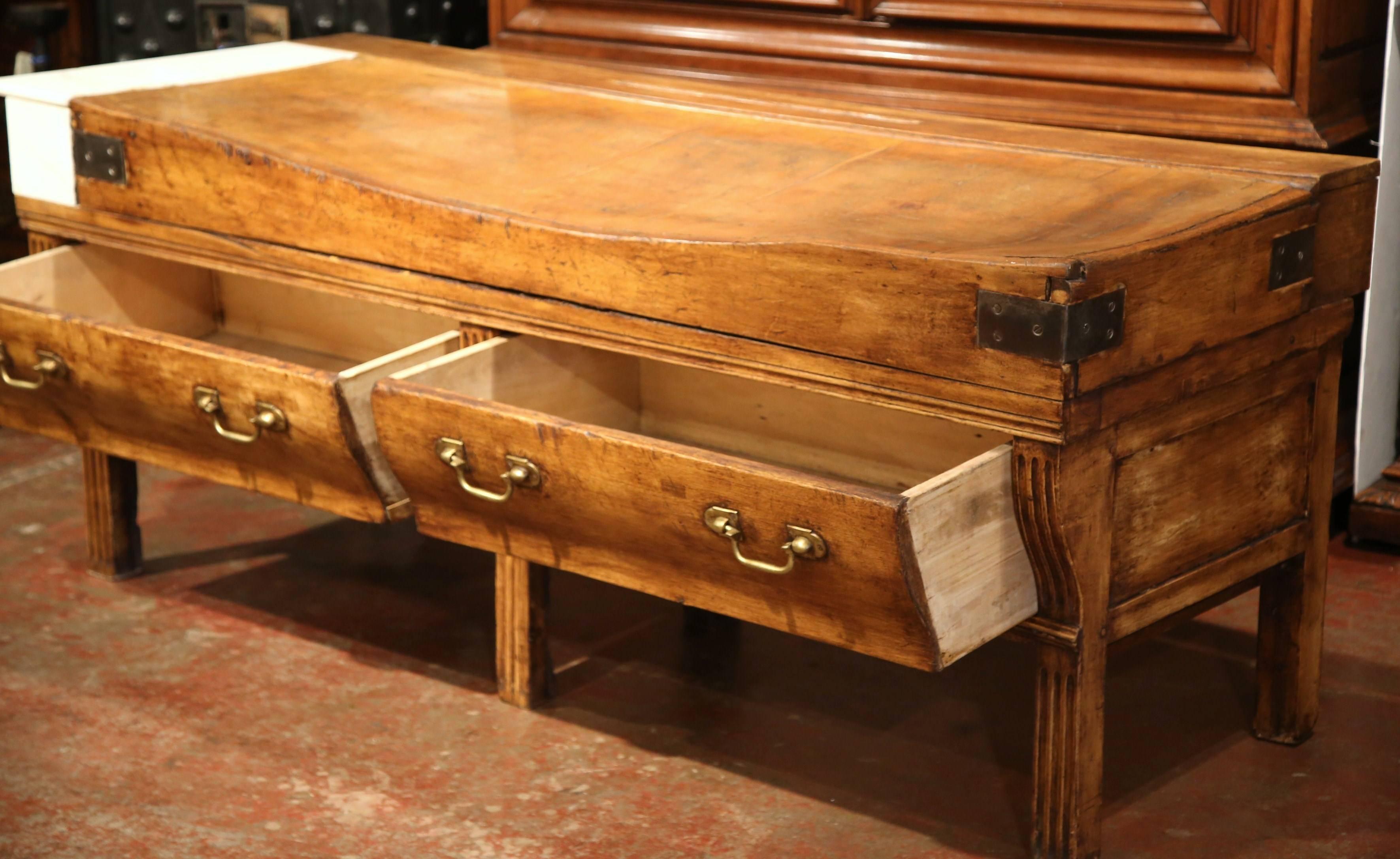 19th Century French Carved Six-Leg Butcher Table with Marble Side and Drawers In Excellent Condition In Dallas, TX