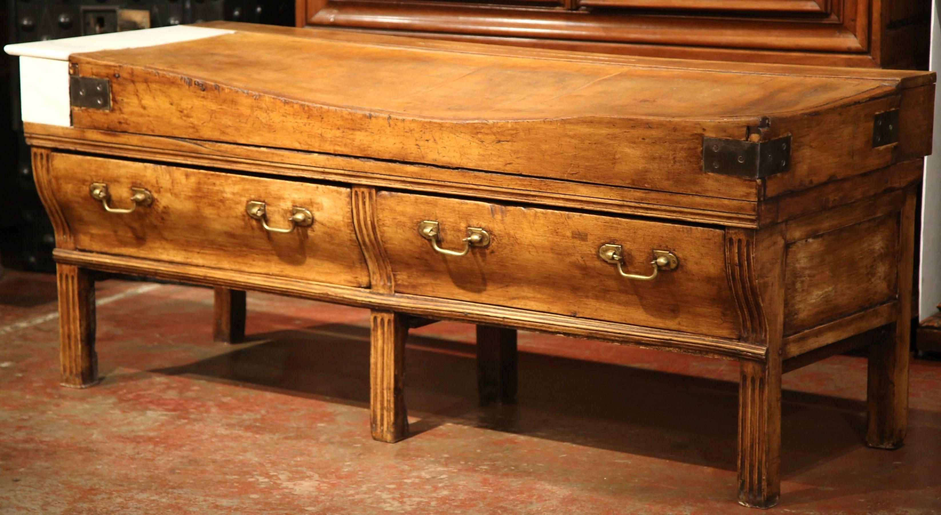 19th Century French Carved Six-Leg Butcher Table with Marble Side and Drawers 2