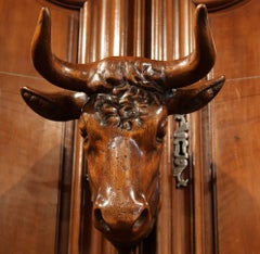 French Hand-Carved Walnut Patinated Cow Head with Collar
