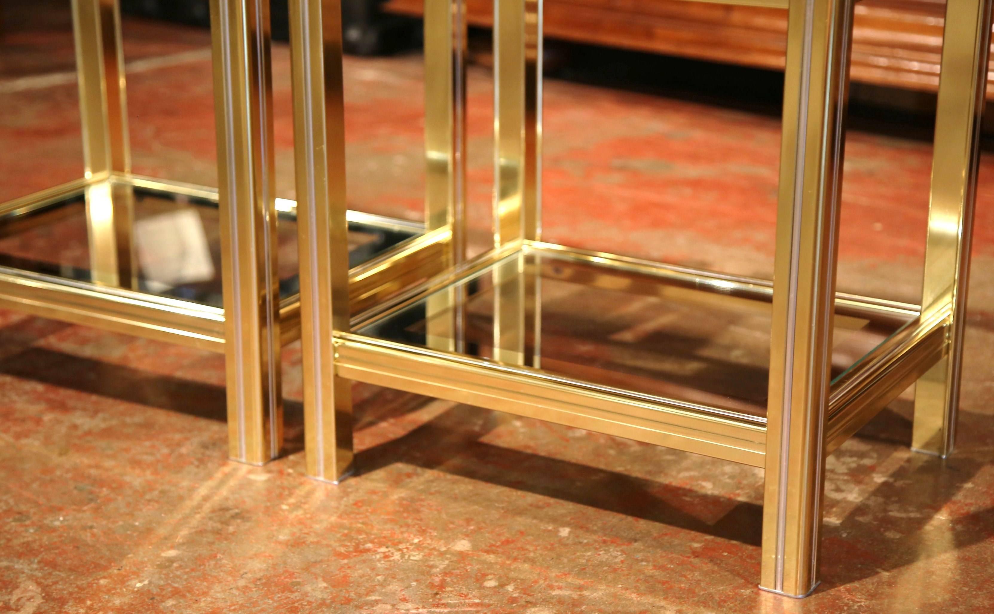 Pair of Mid-20th Century French Neoclassical Gilt Metallic and Glass End Tables In Excellent Condition In Dallas, TX