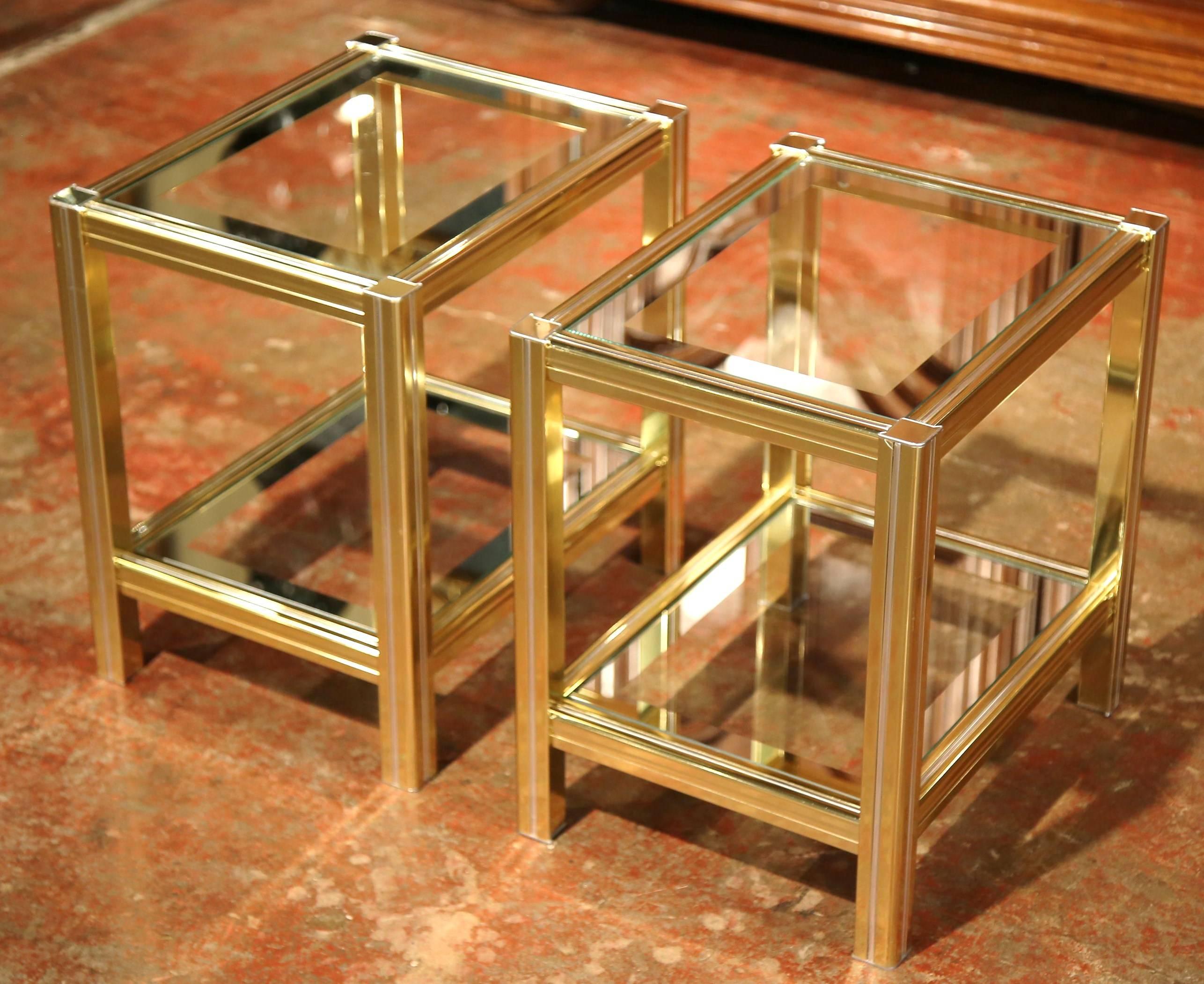 Pair of Mid-20th Century French Neoclassical Gilt Metallic and Glass End Tables 1