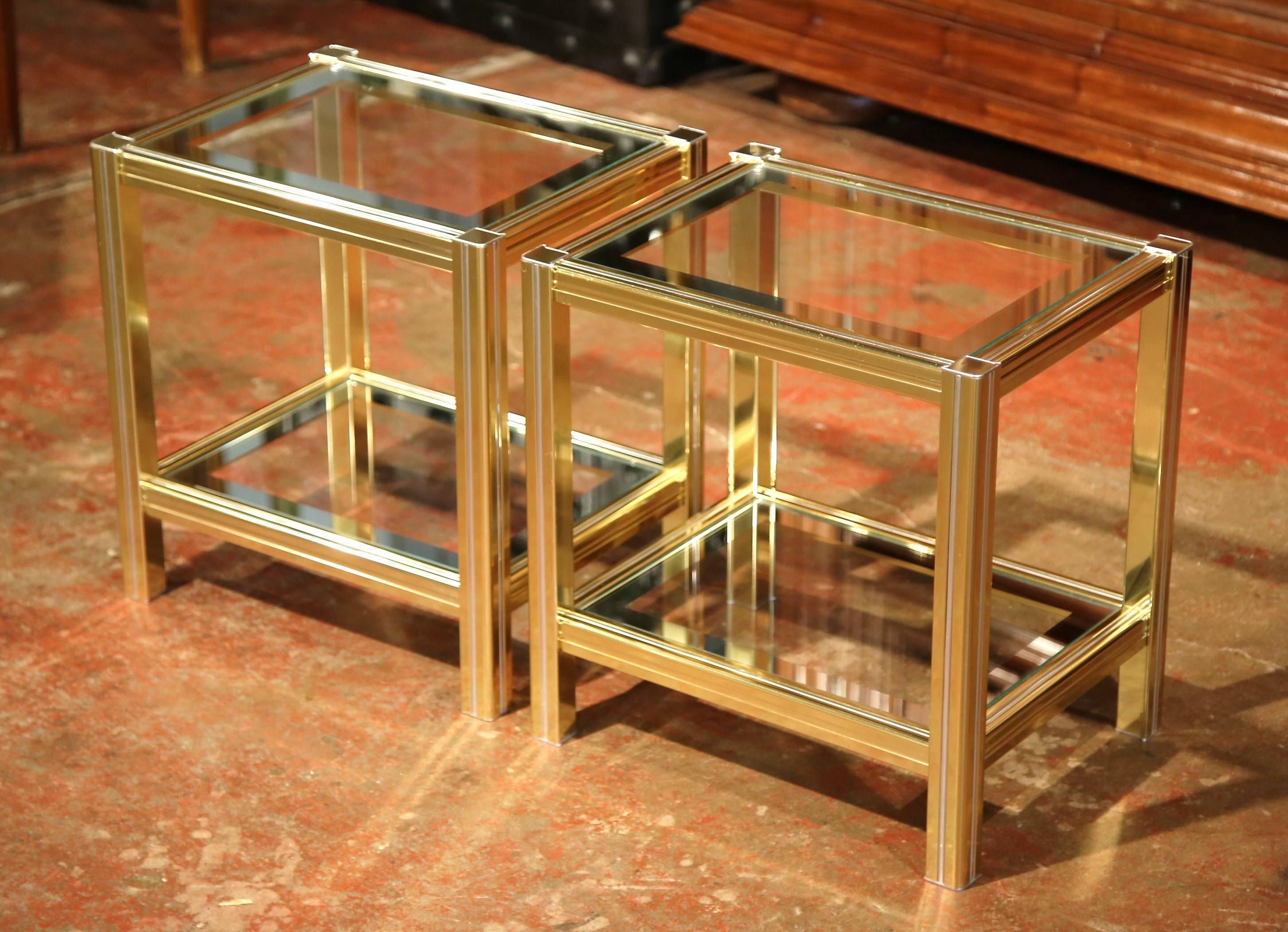 Pair of Mid-20th Century French Neoclassical Gilt Metallic and Glass End Tables 2