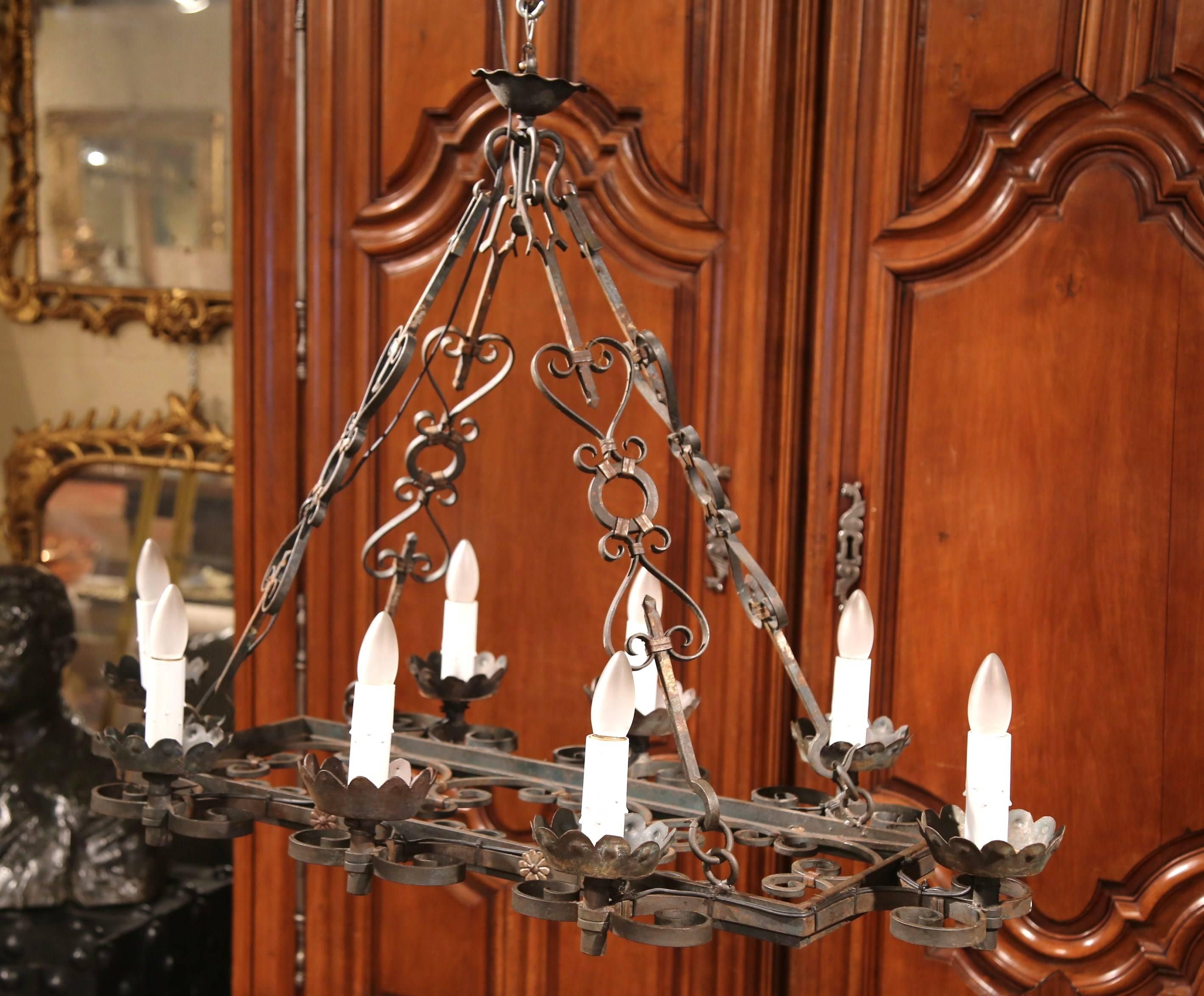 Hand-Crafted 19th Century French Eight-Light Iron Verdigris Chandelier with Gilt Accents
