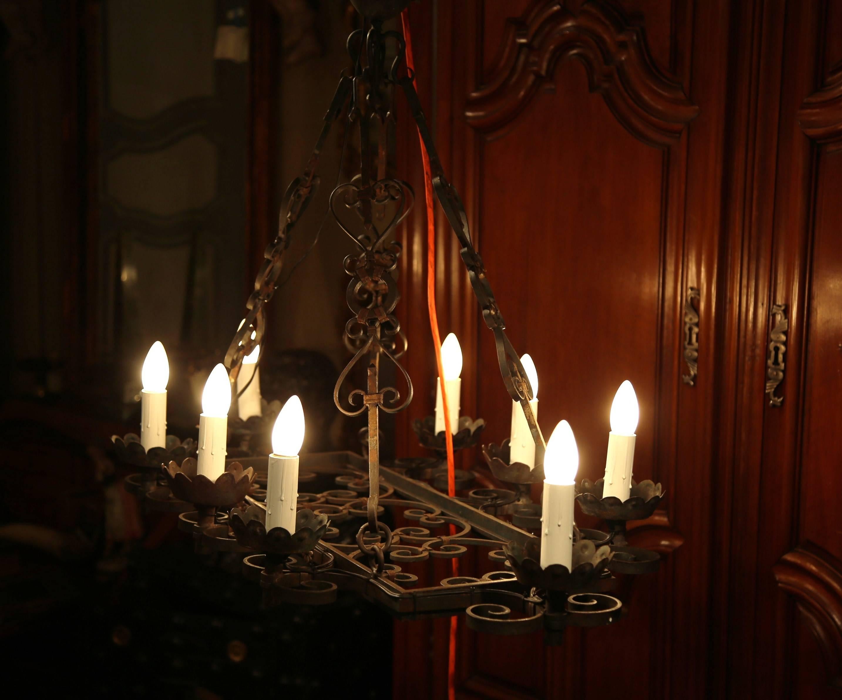 19th Century French Eight-Light Iron Verdigris Chandelier with Gilt Accents 2