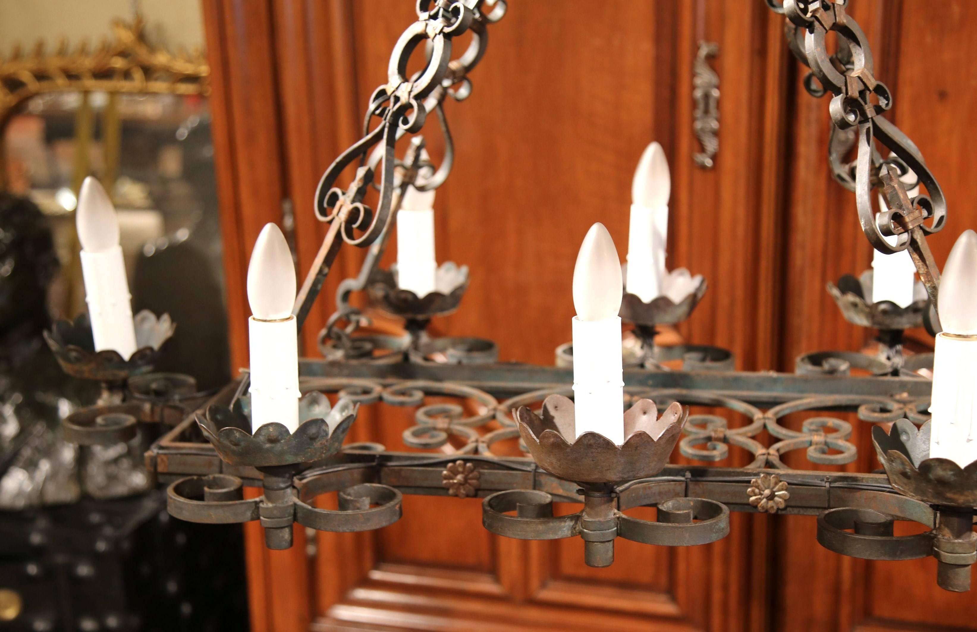 19th Century French Eight-Light Iron Verdigris Chandelier with Gilt Accents 4