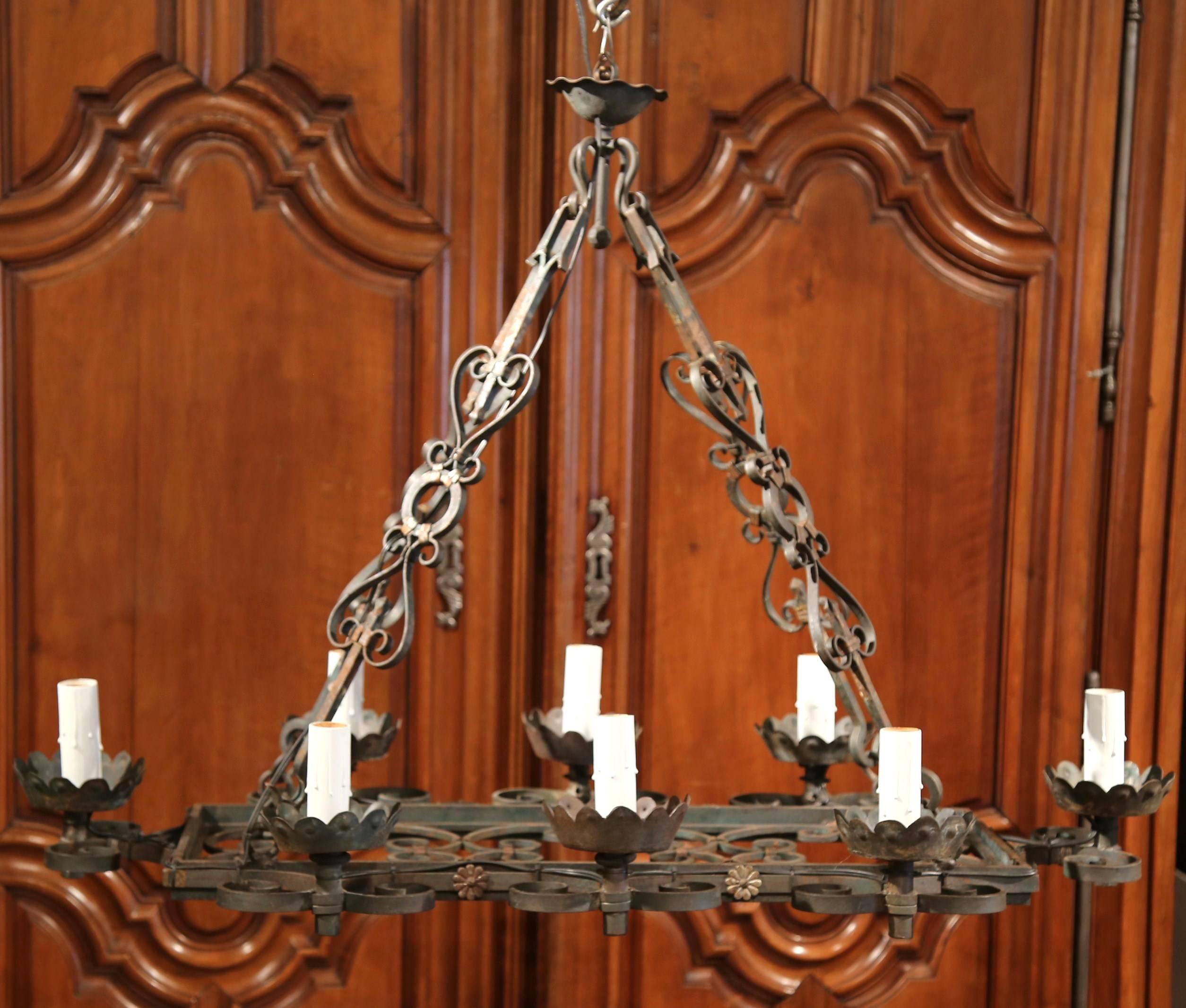 19th Century French Eight-Light Iron Verdigris Chandelier with Gilt Accents 5